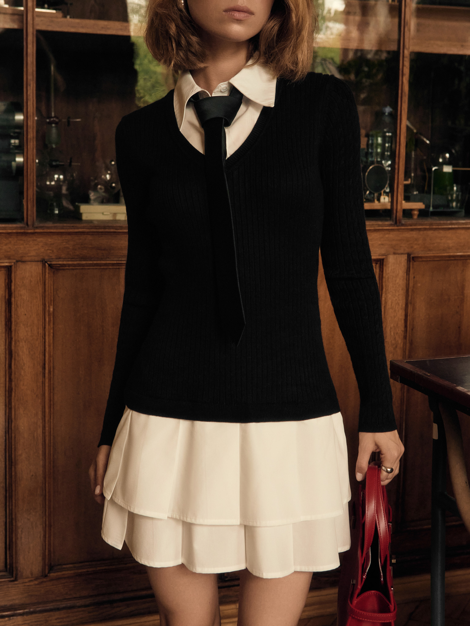 Double material mini dress with pleated skirt