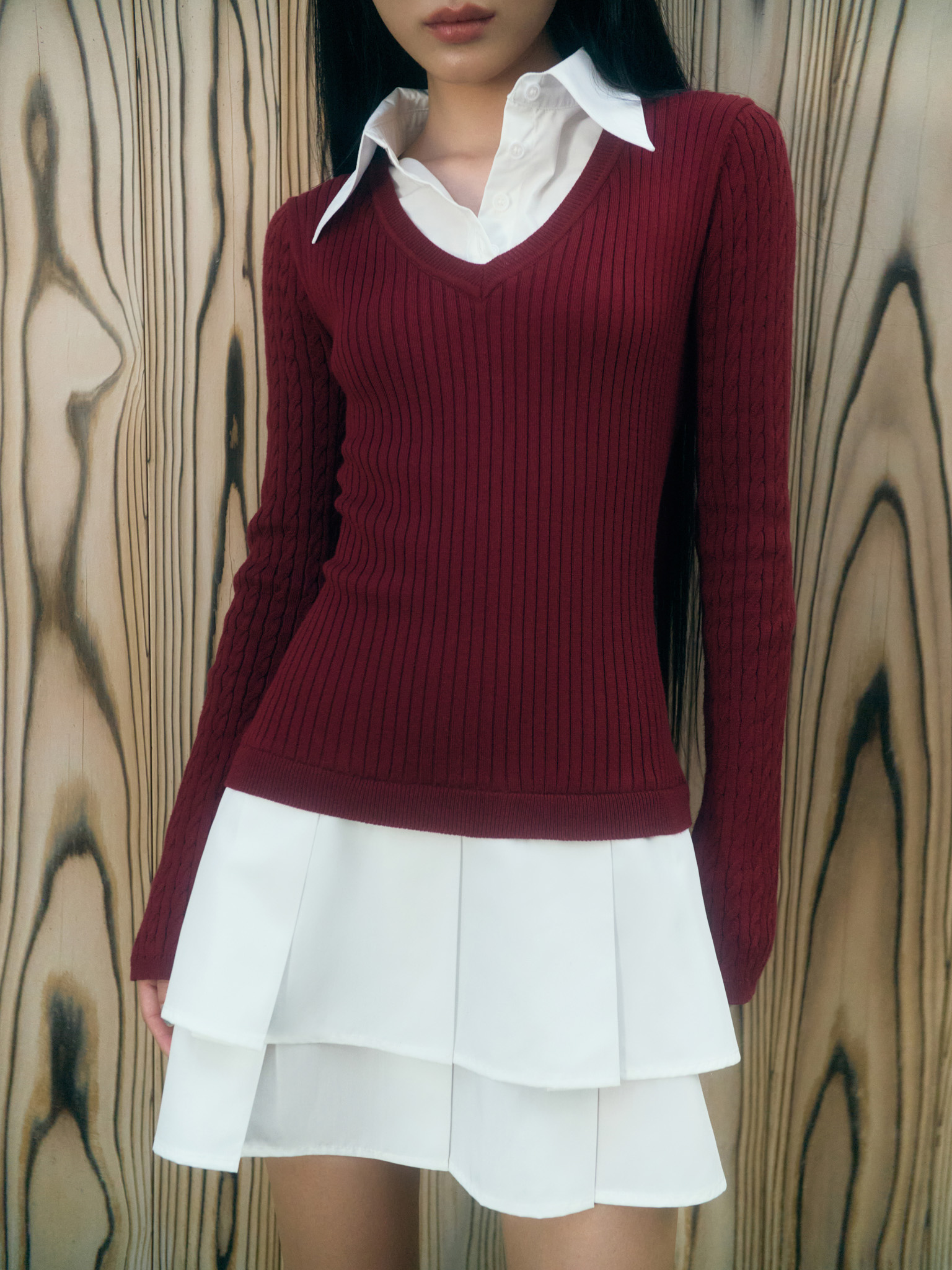 Double material mini dress with pleated skirt