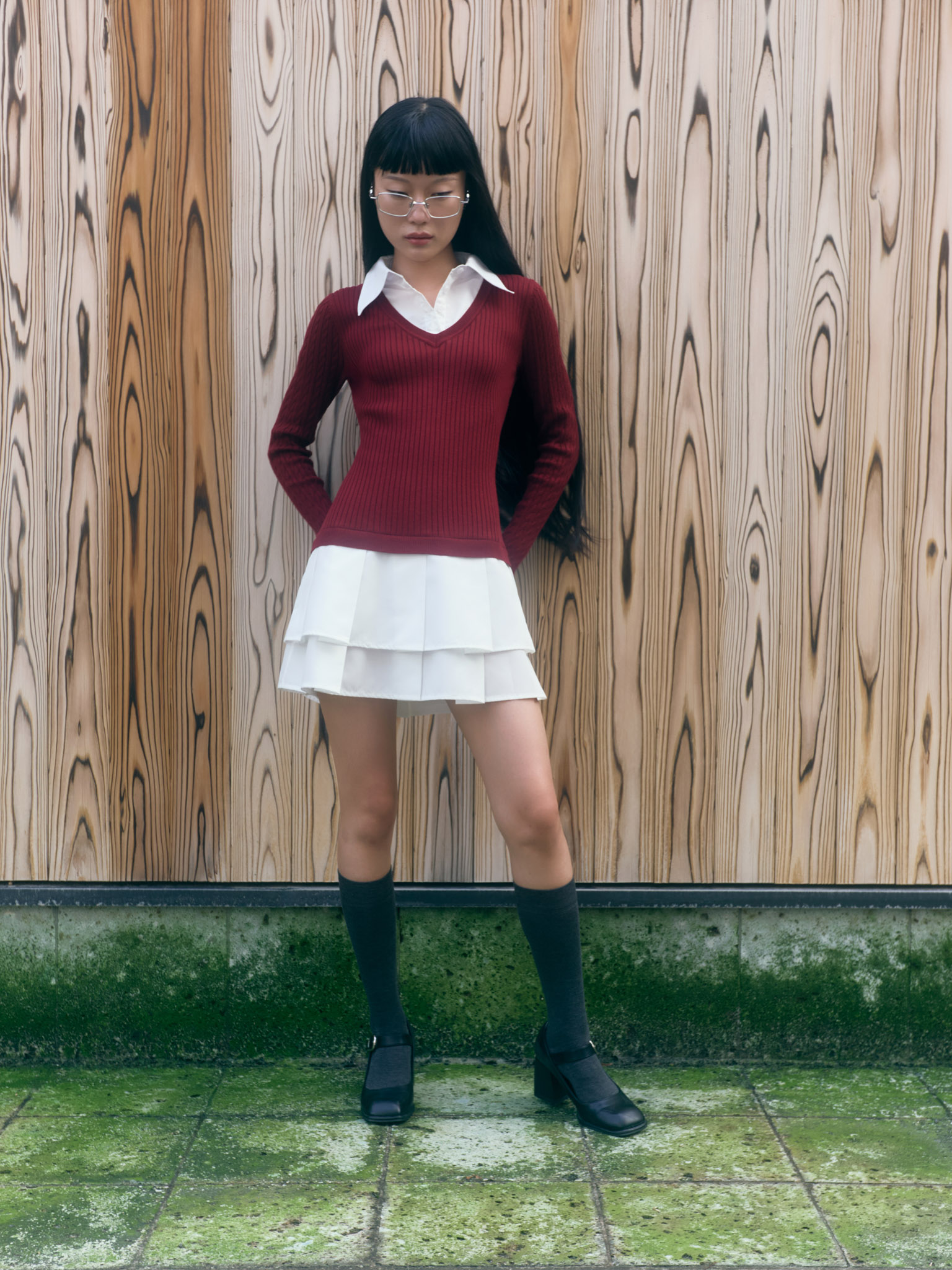 Double material mini dress with pleated skirt