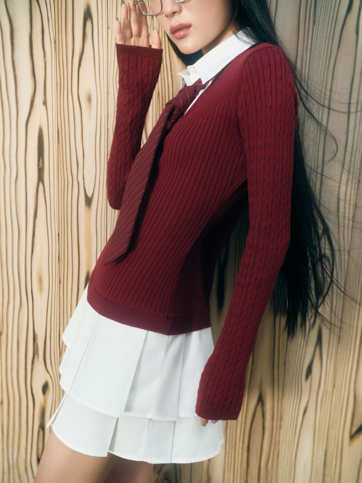 Double material mini dress with pleated skirt