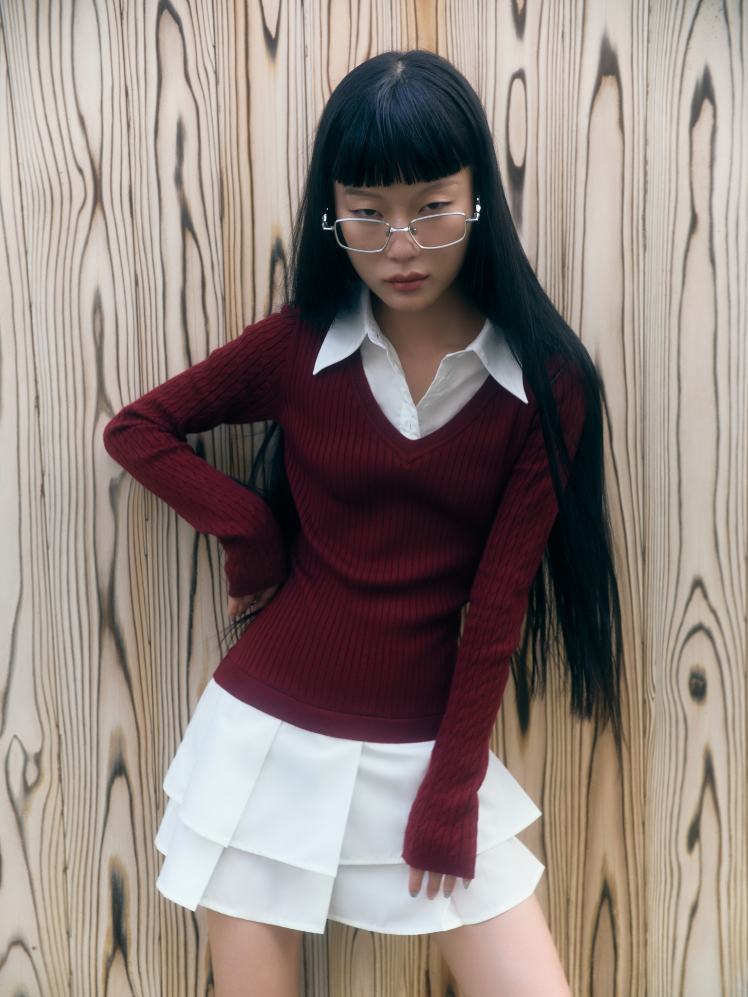 Double material mini dress with pleated skirt