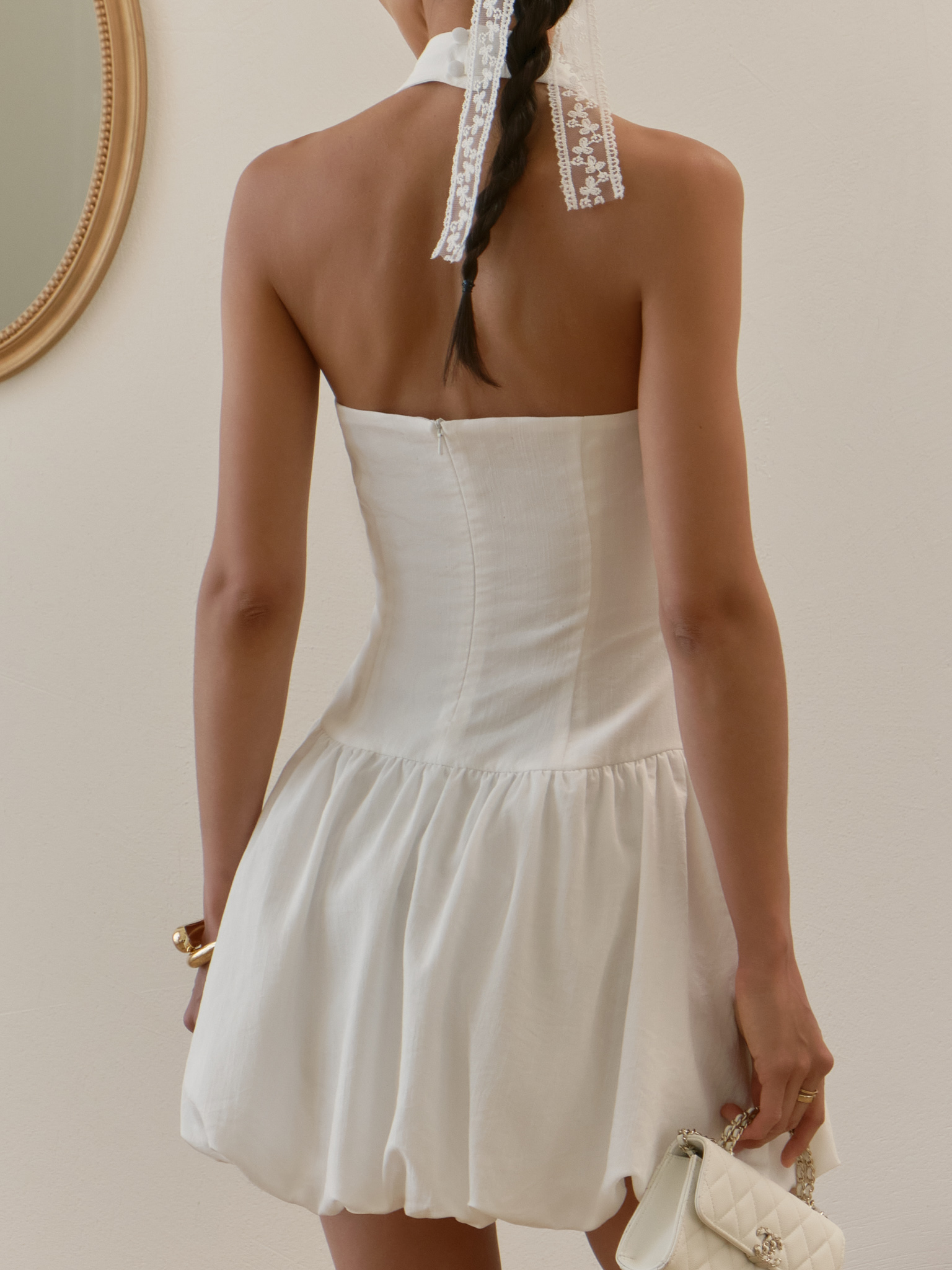 Mini dress with wide straps and voluminous skirt