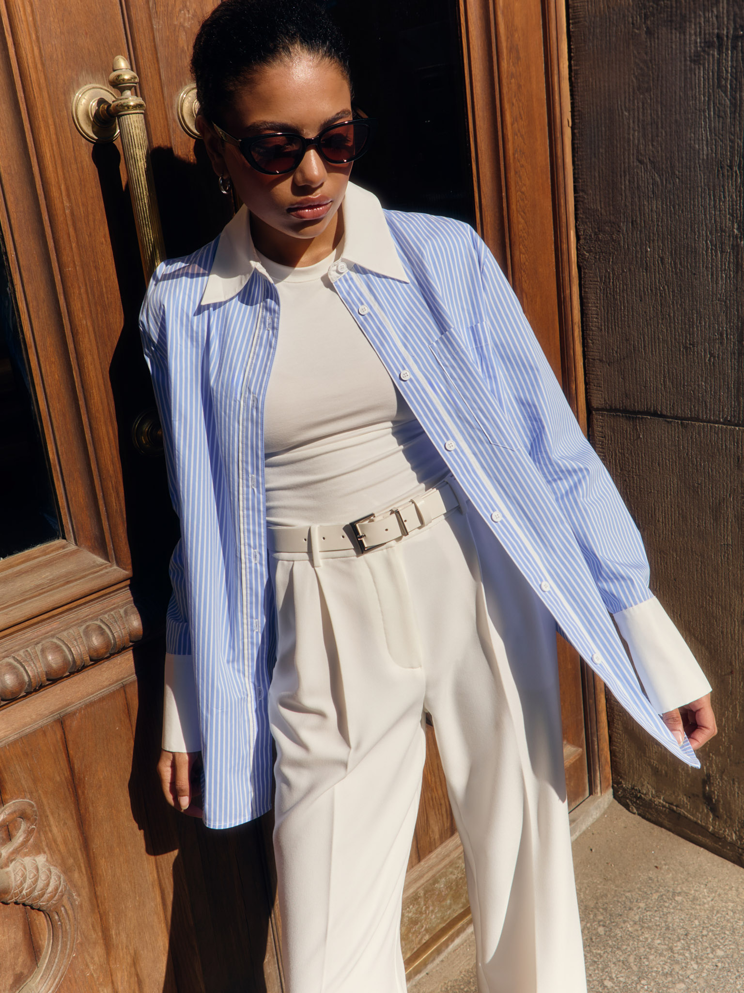 Loose striped shirt with monochrome inserts and embroidery