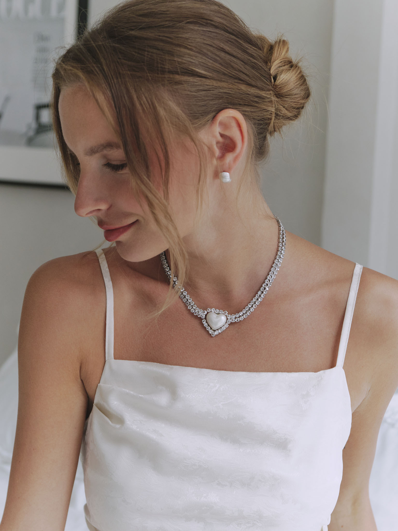 Silver rhinestone necklace with heart pendant