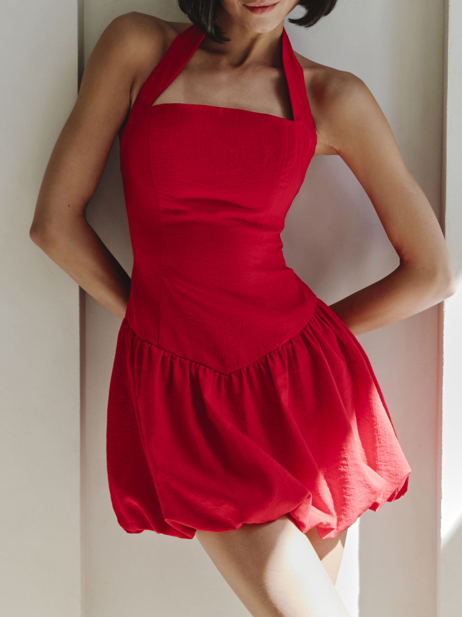 Mini dress with wide straps and voluminous skirt