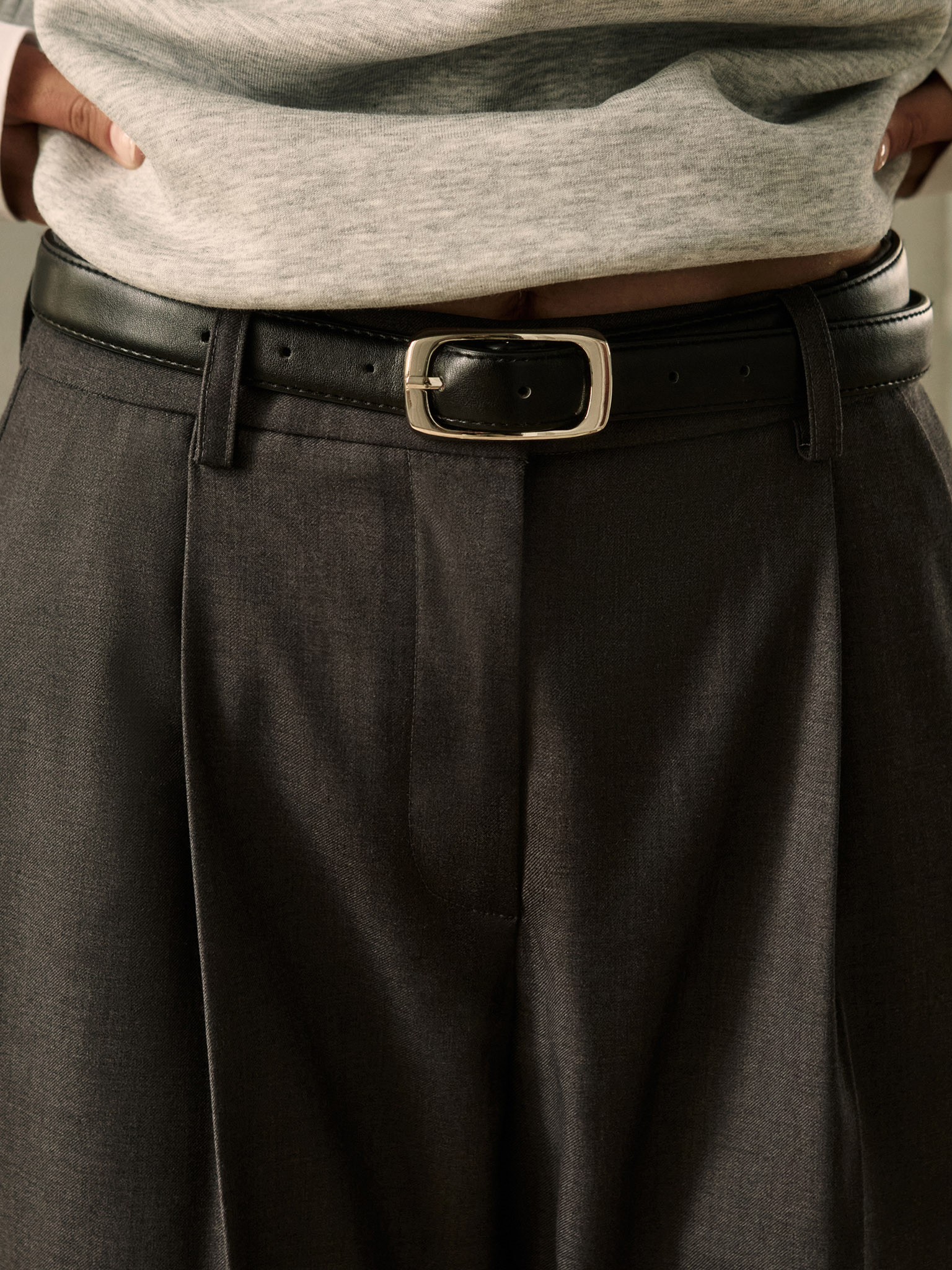 Straight suiting trousers with eco-leather belt