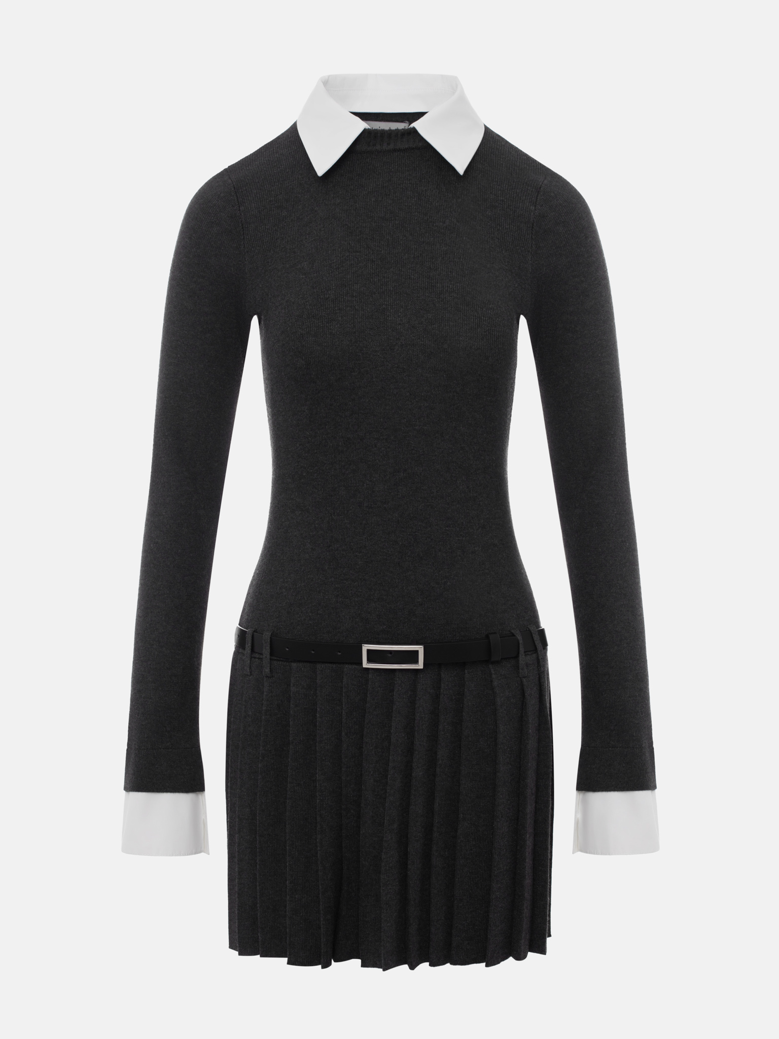 Minikleid aus Strick mit Kontrasteinsätzen und Eco-Ledergürtel