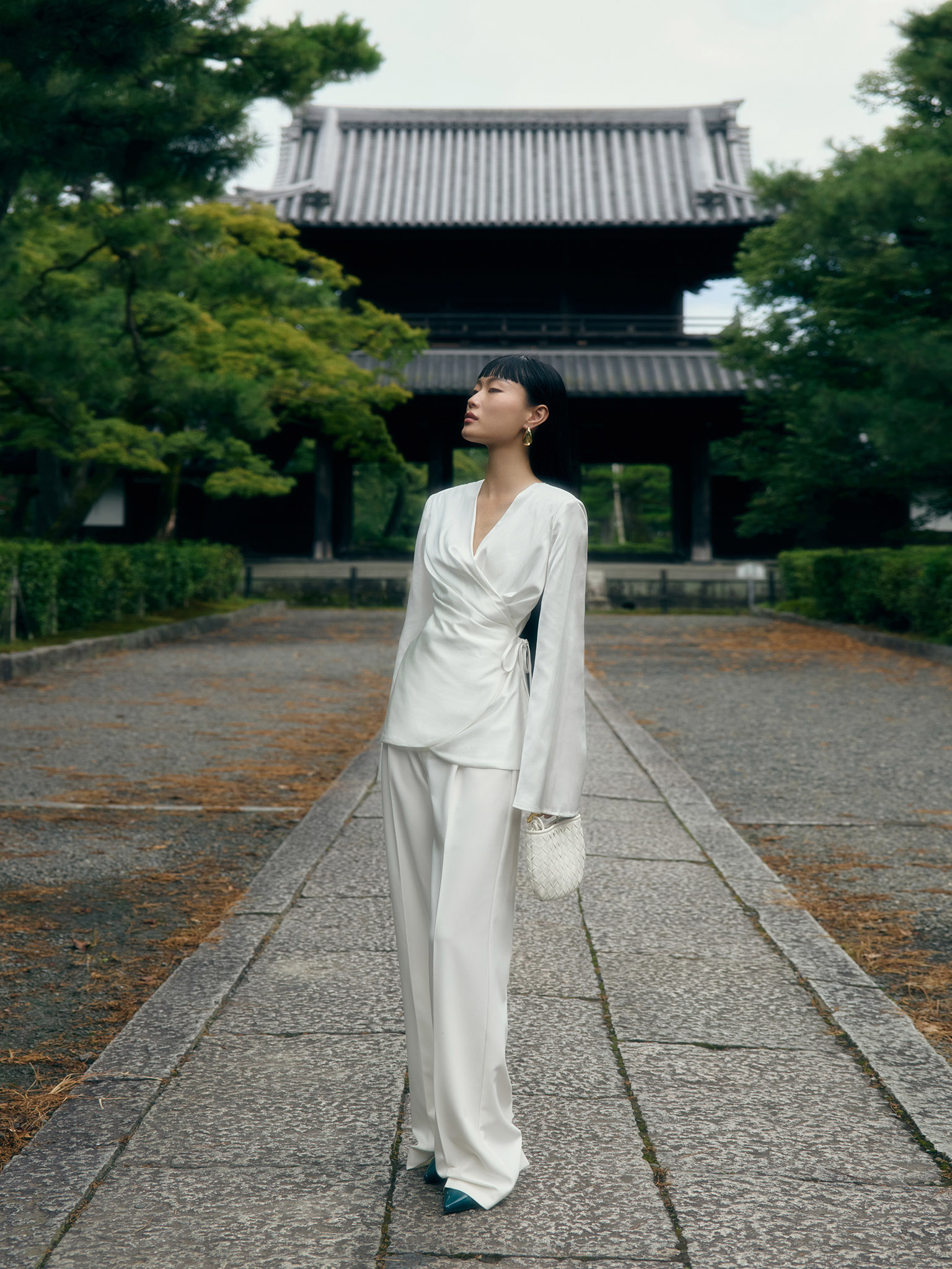 Satin kimono wrap blouse with waist ties