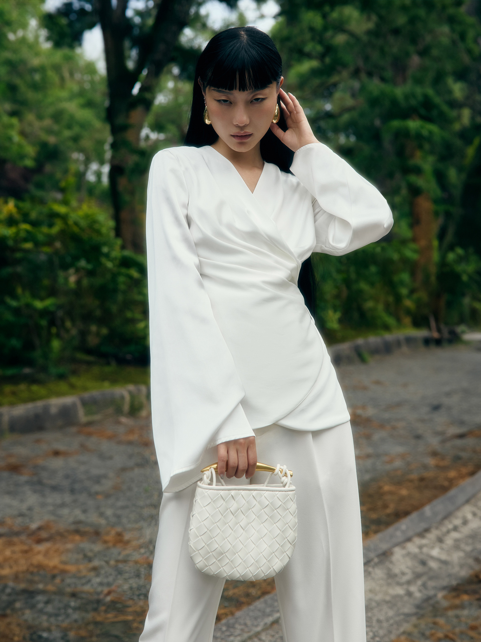 Satin kimono wrap blouse with waist ties