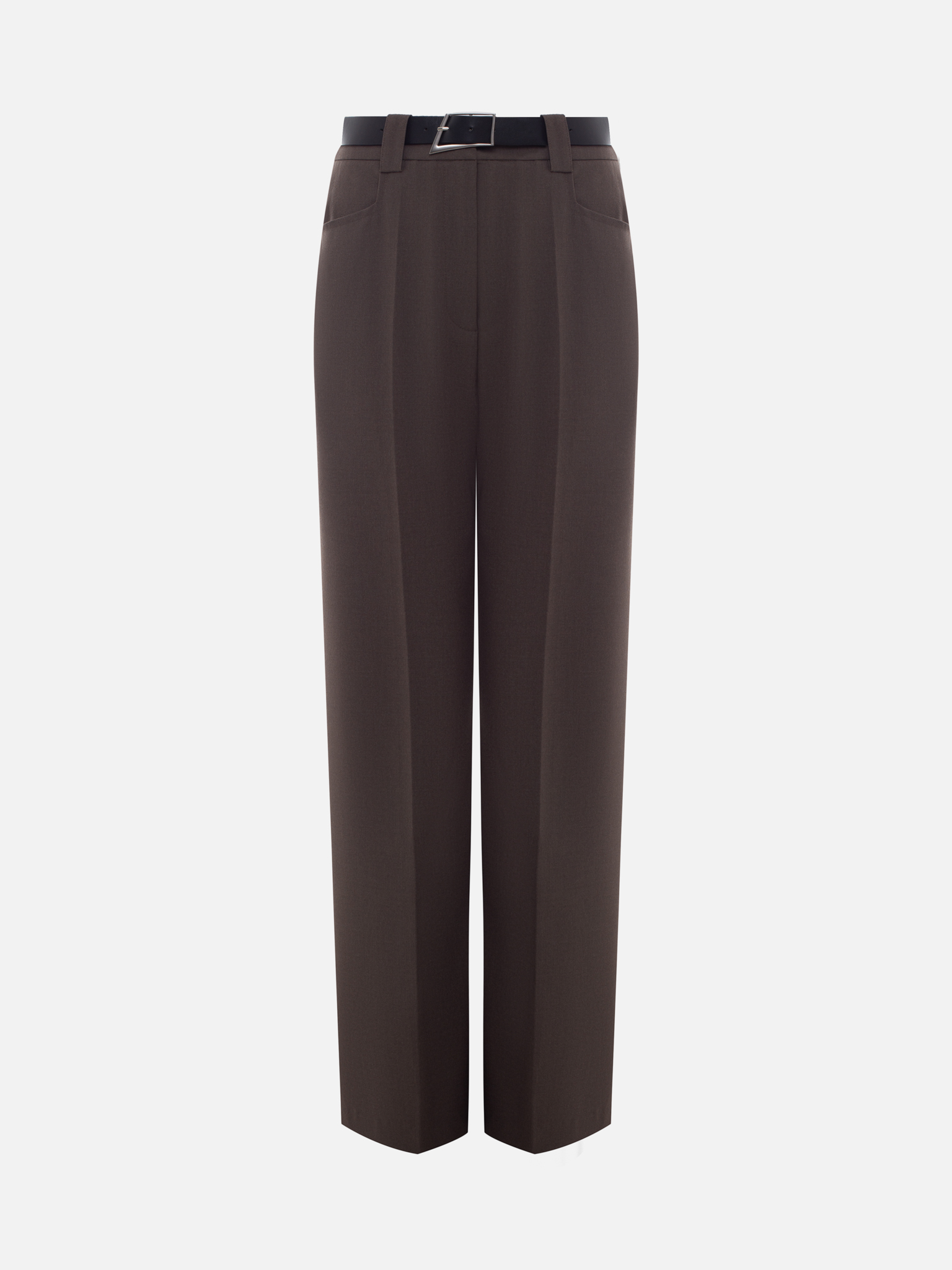 Straight suiting trousers with stitched creases and a belt