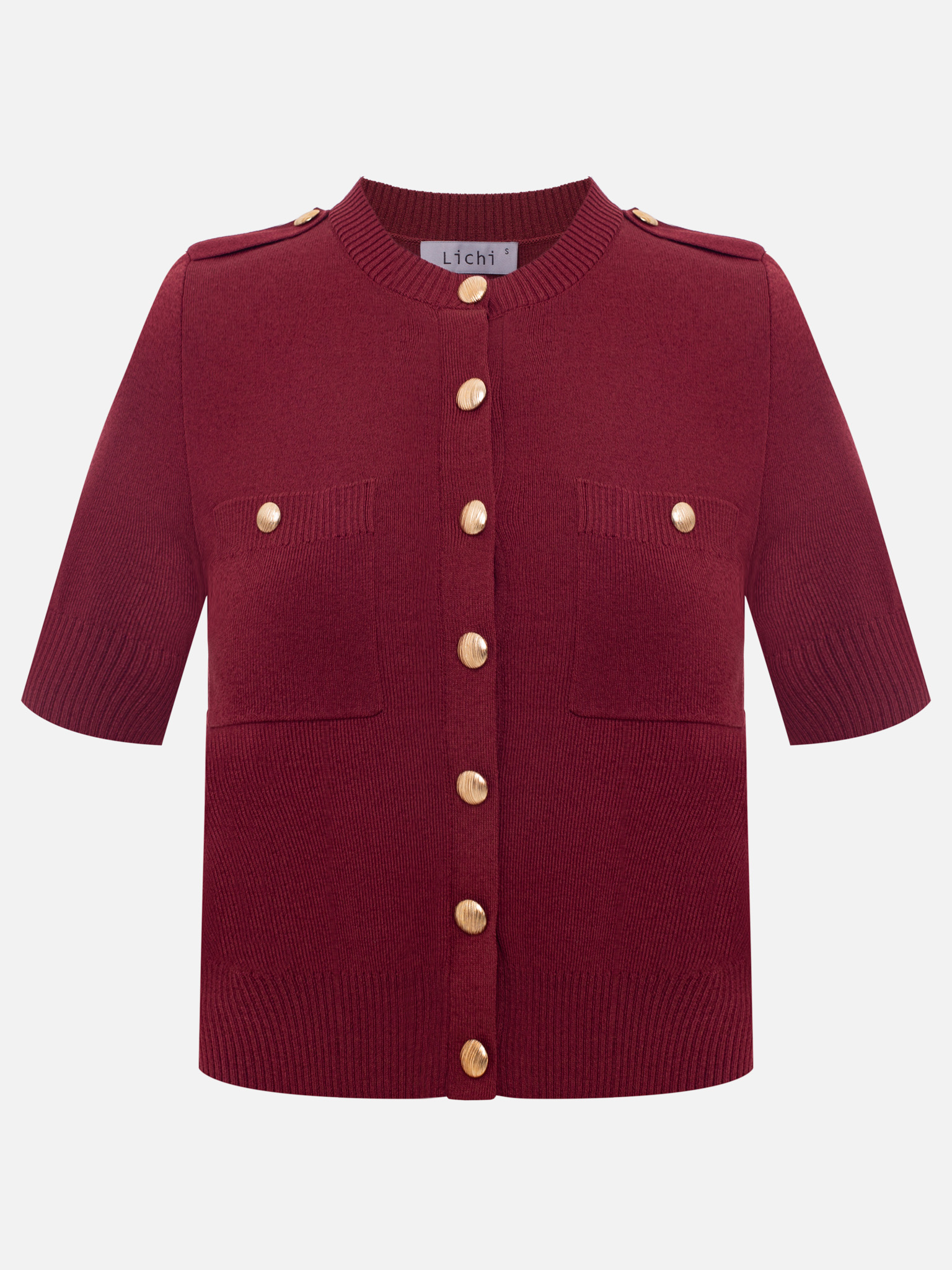 Short-sleeved knitted cardigan with golden fittings
