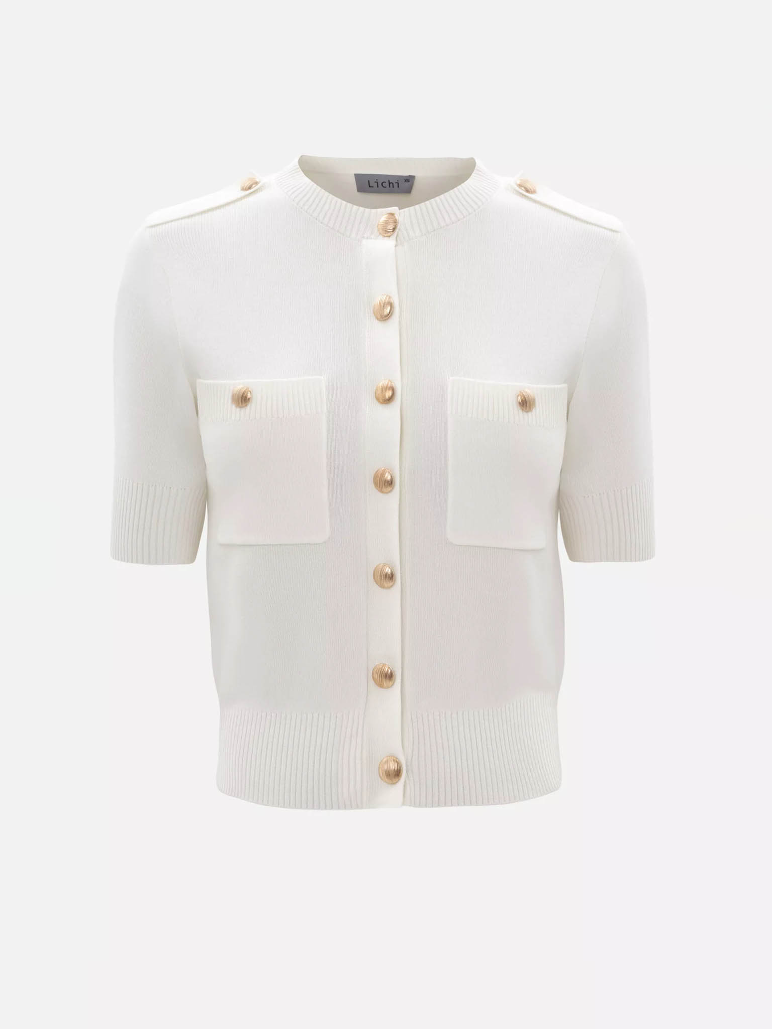 Short-sleeved knitted cardigan with golden fittings