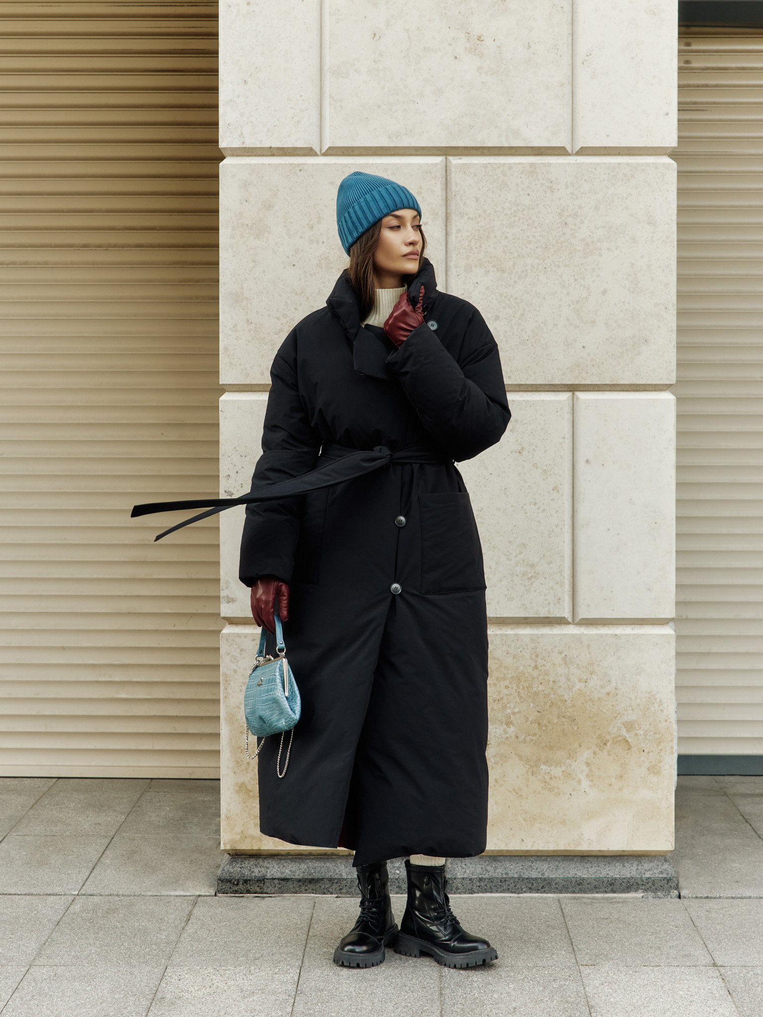 Down maxi jacket with buttons and matching waistband