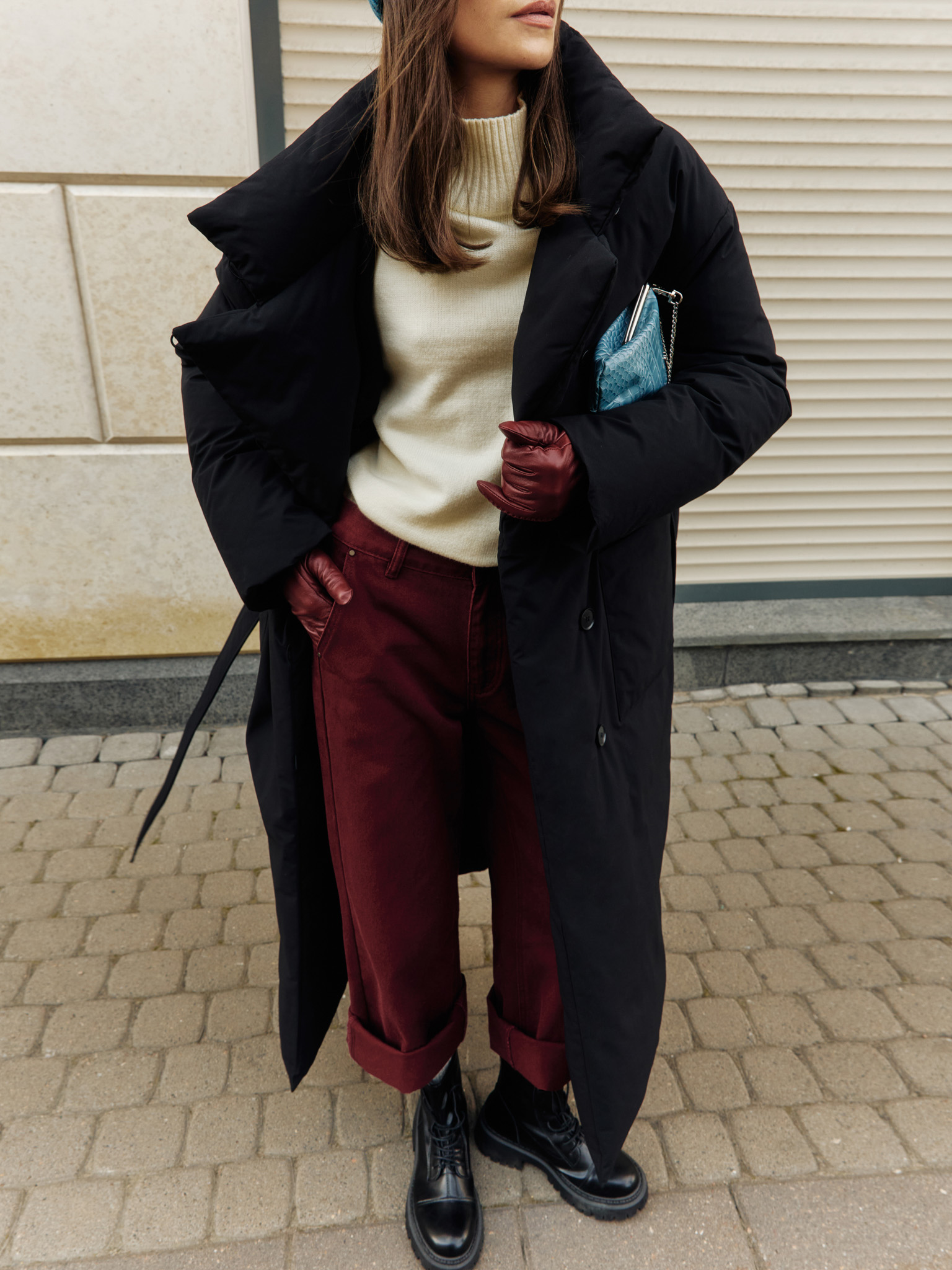 Down maxi jacket with buttons and matching waistband