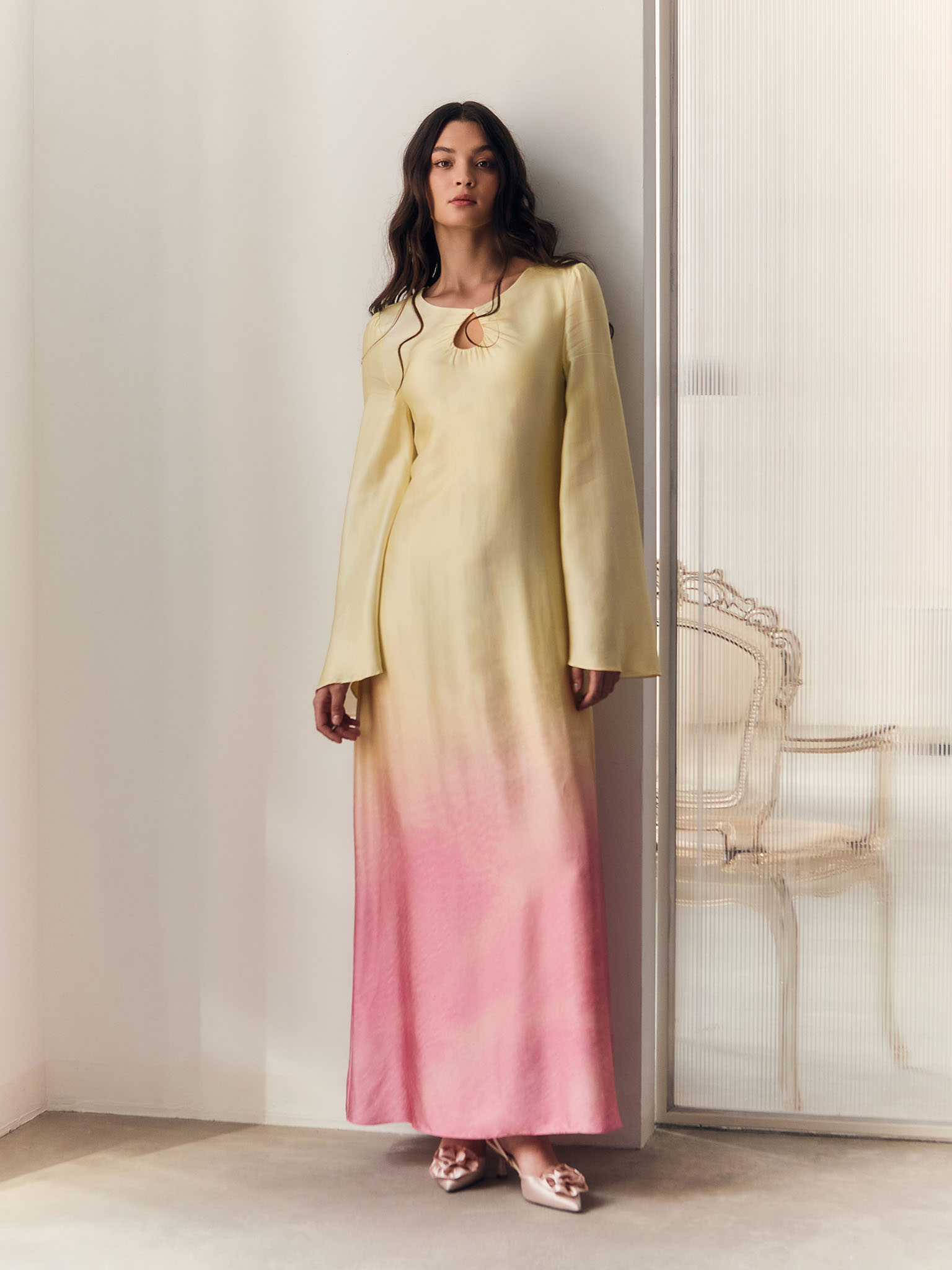 Satin A-silhouette maxi dress with gradient pattern