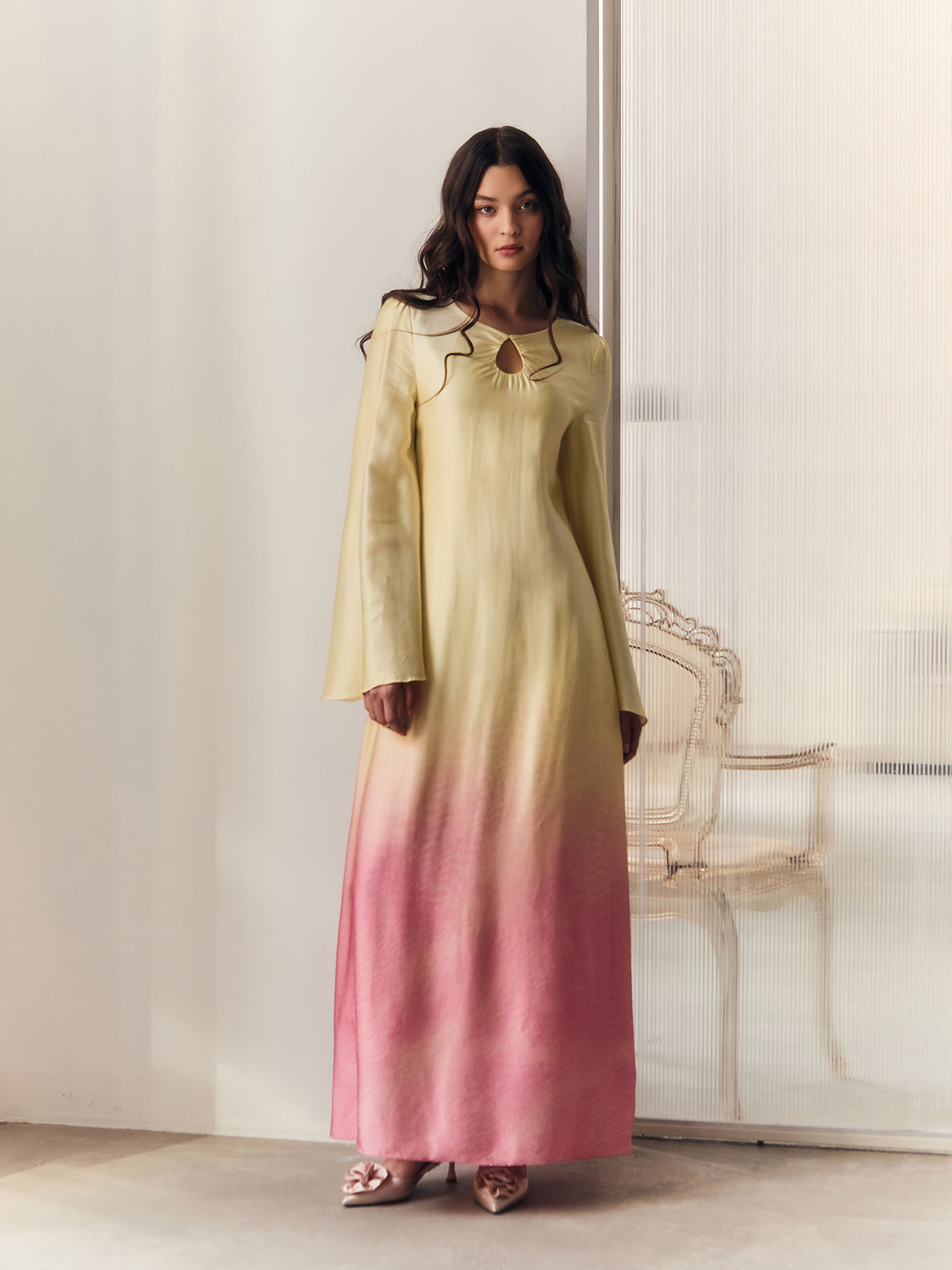 Satin A-silhouette maxi dress with gradient pattern