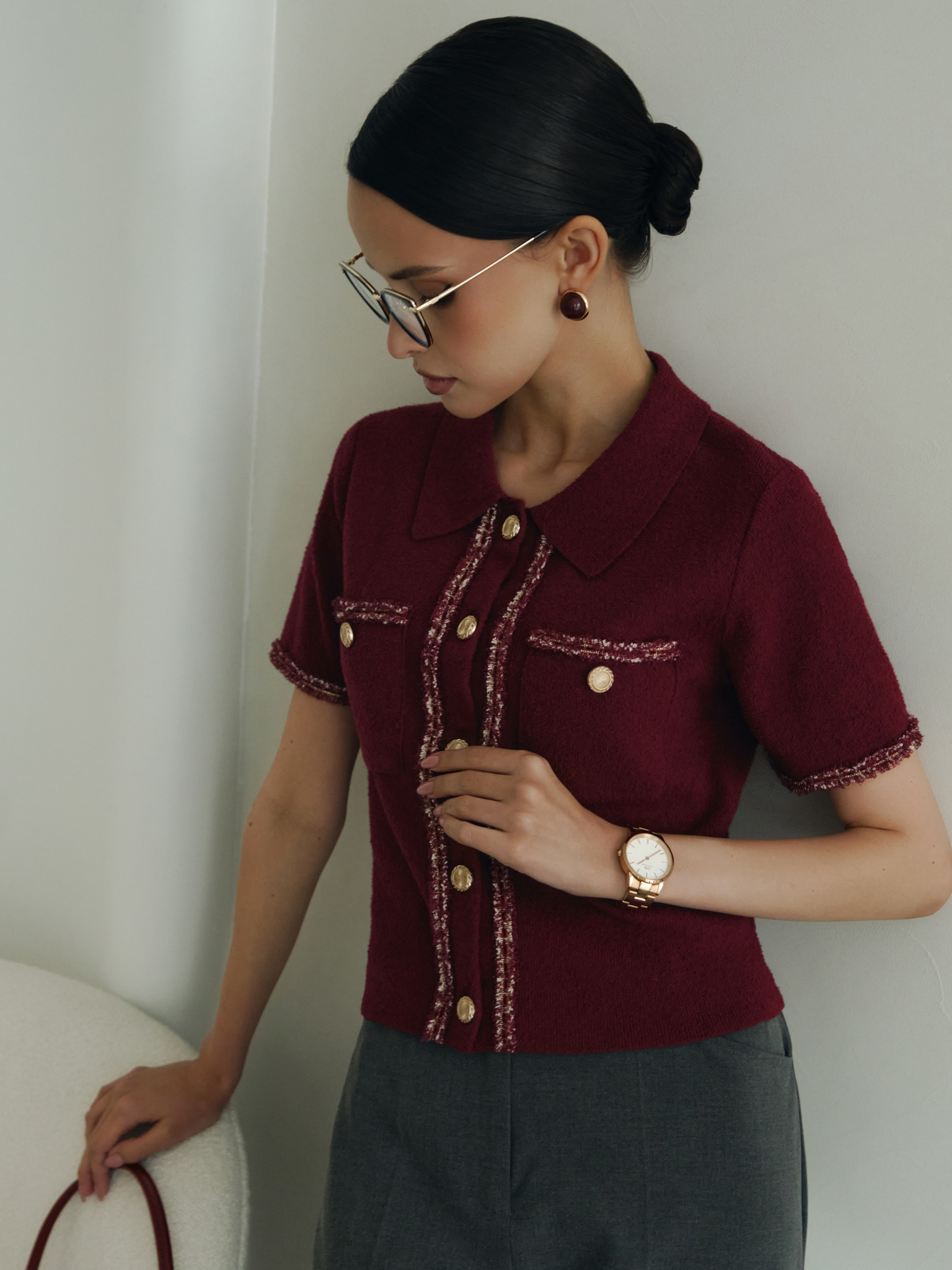 Knitted jersey top with textured details and buttons