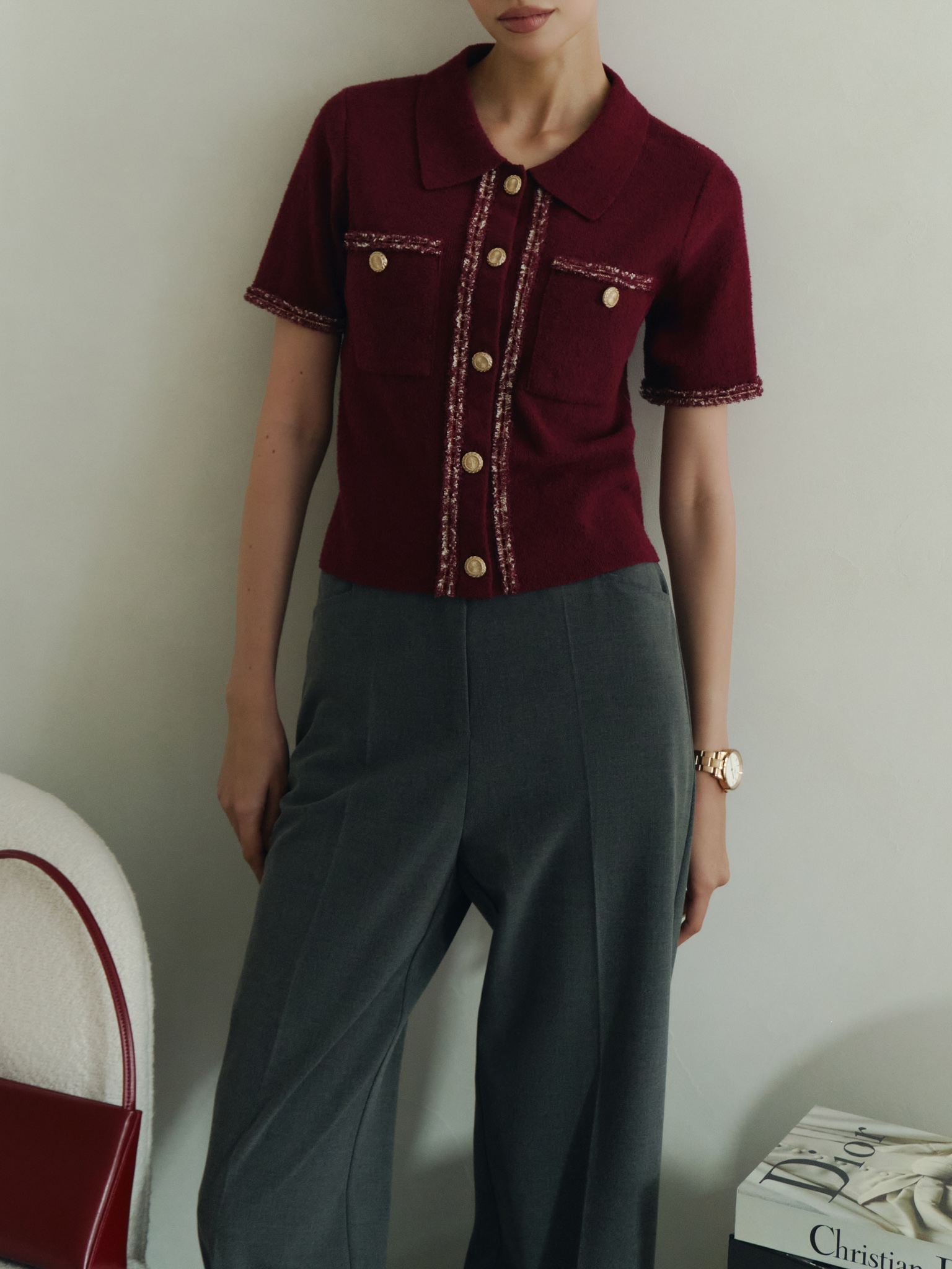 Knitted jersey top with textured details and buttons