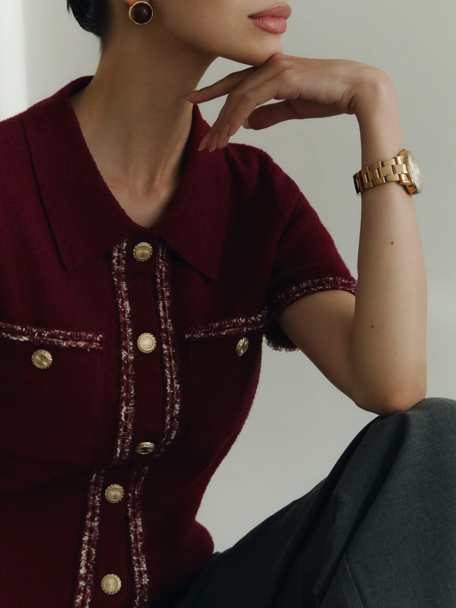 Knitted jersey top with textured details and buttons