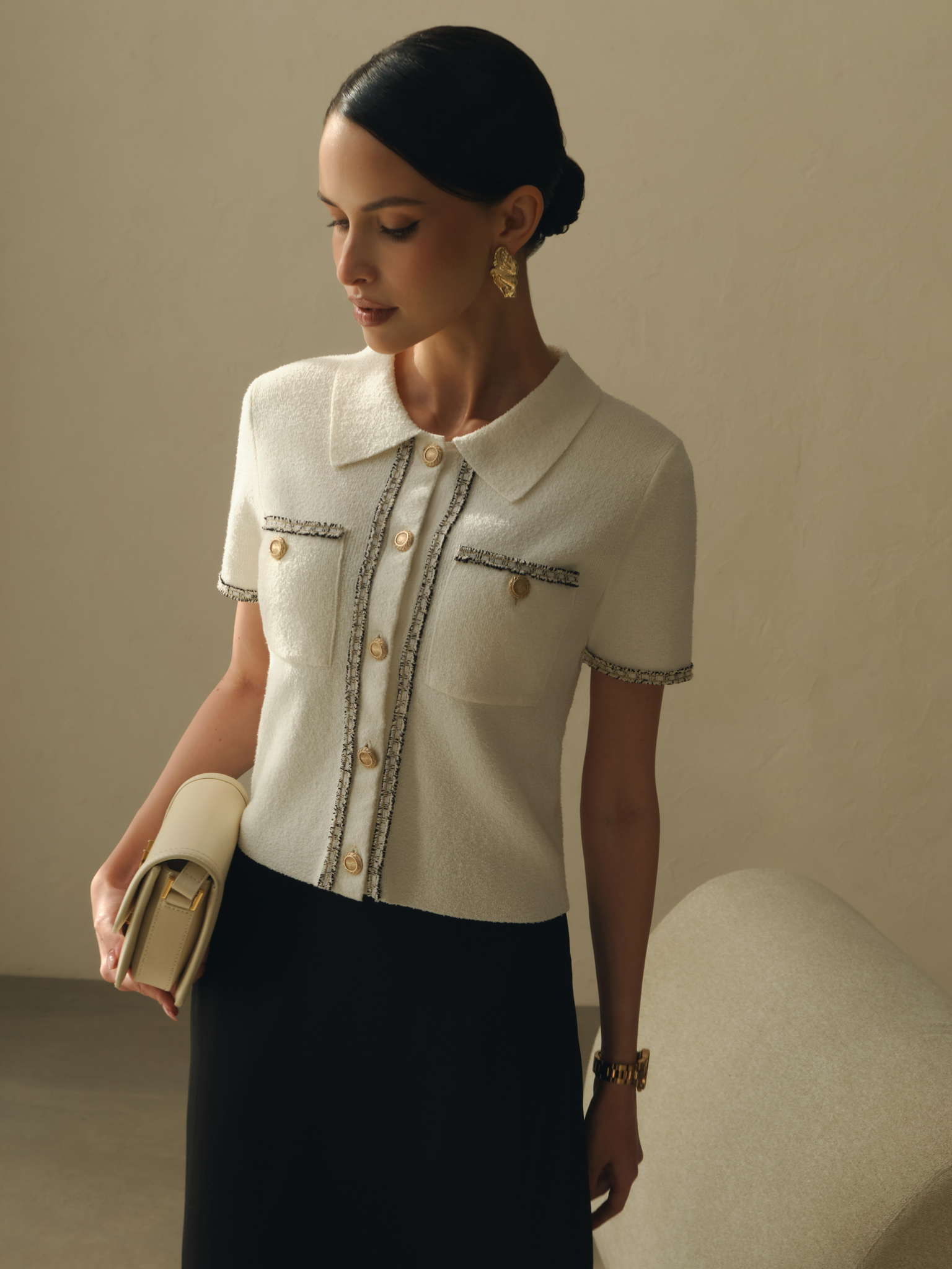 Knitted jersey top with textured details and buttons