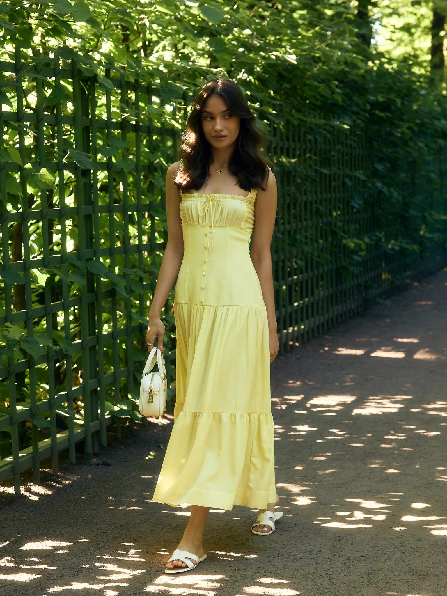 Strappy midi dress with gathers and bow on the bodice