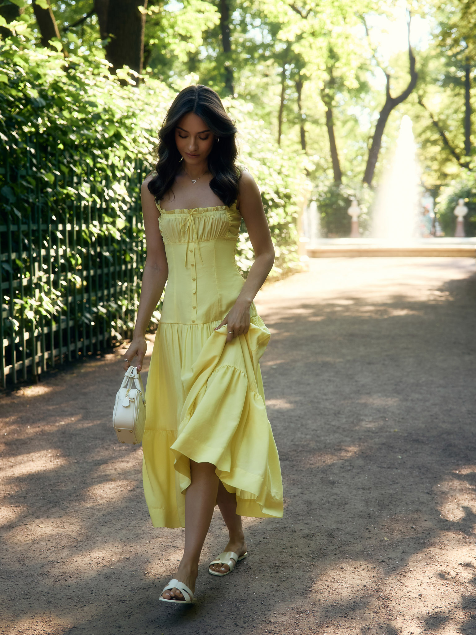 Strappy midi dress with gathers and bow on the bodice