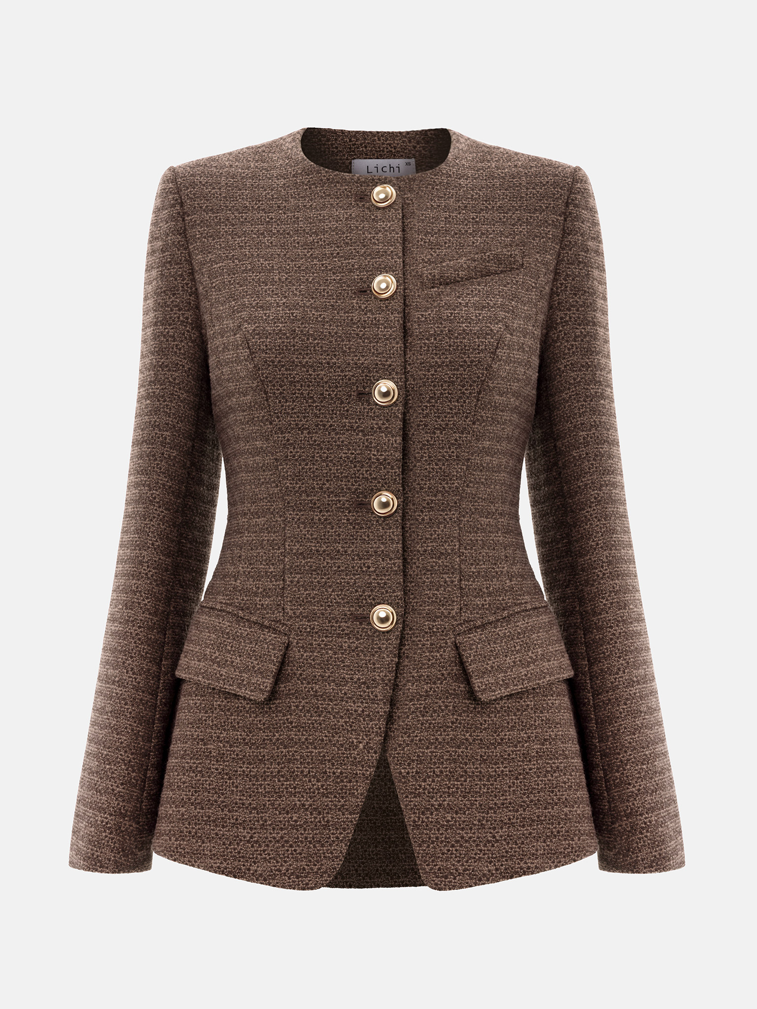 Veste longue en tweed avec boutons en métal
