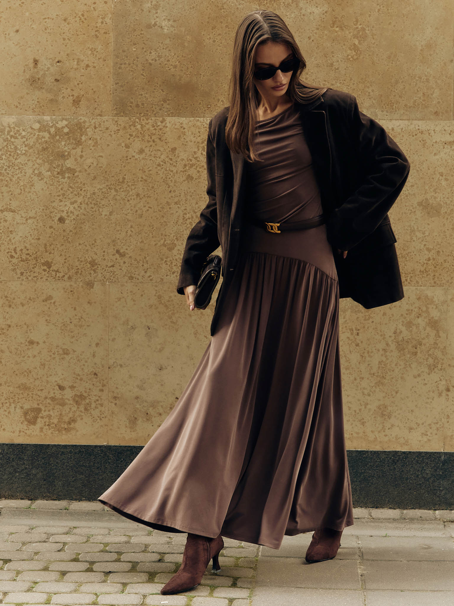 Jersey longsleeve with gathers at the shoulder and waist