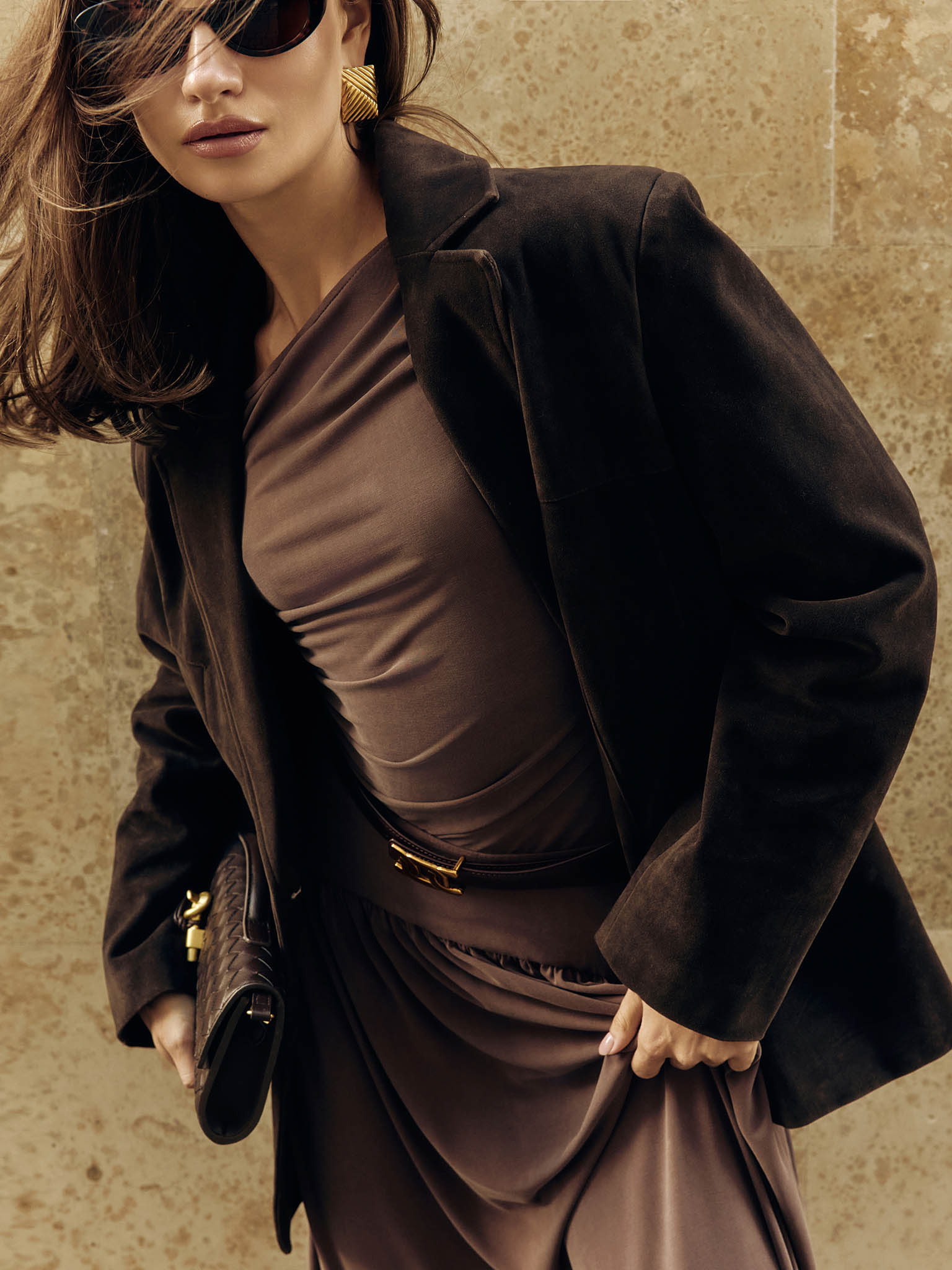 Jersey longsleeve with gathers at the shoulder and waist