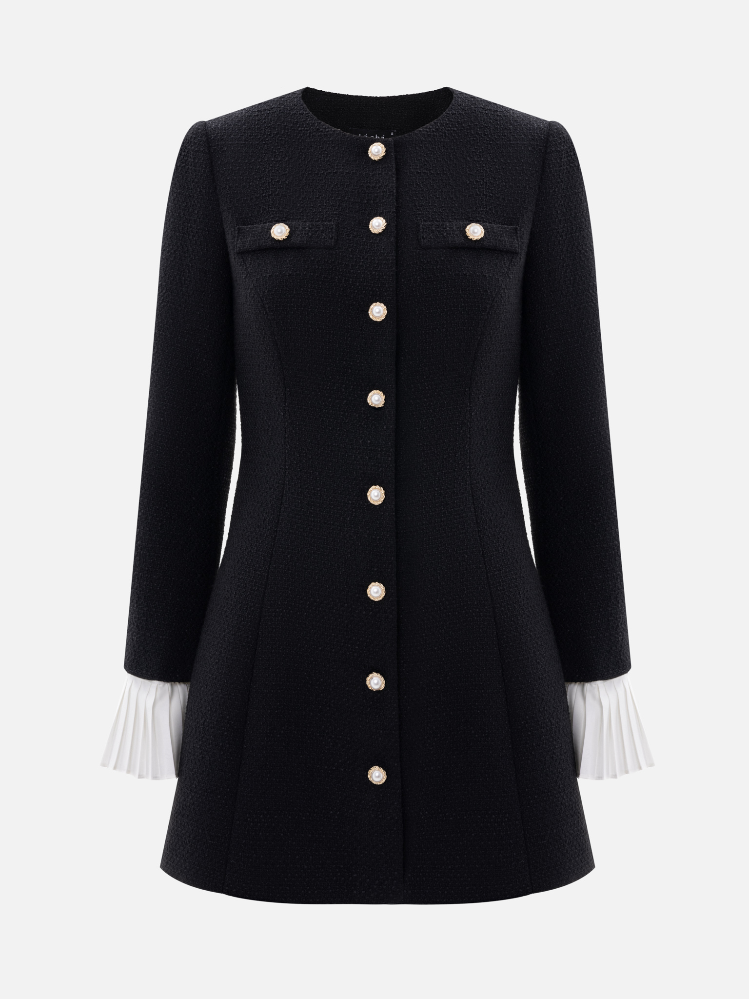 Tweed mini dress with pleated cuffs and large buttons