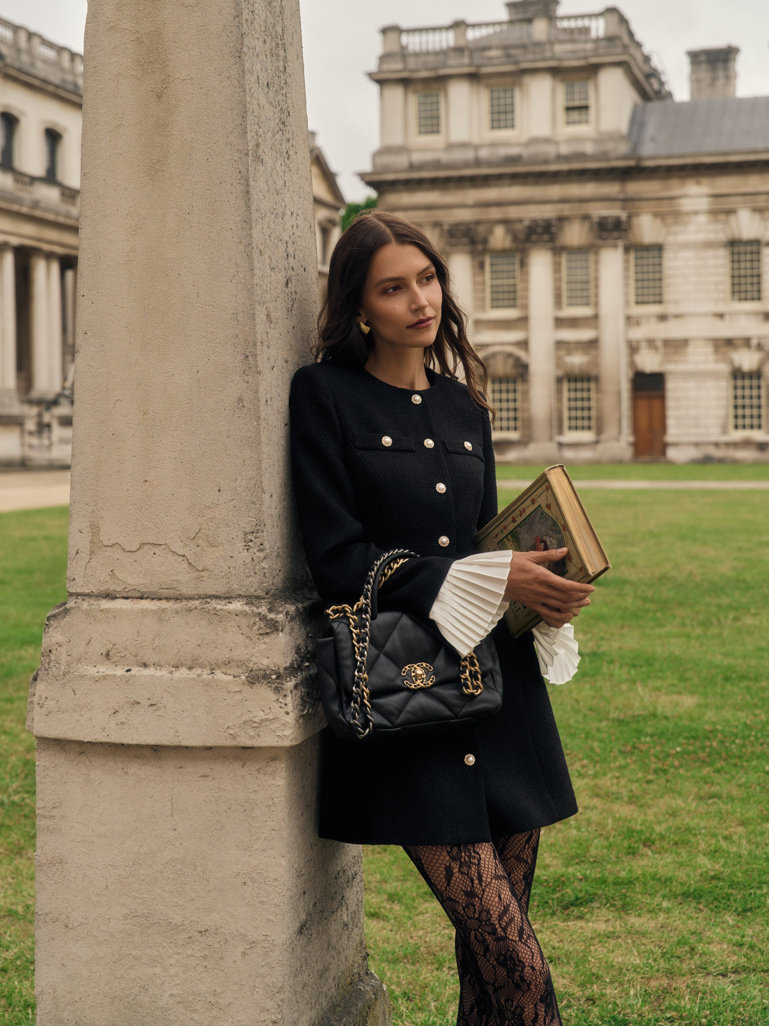Tweed mini dress with pleated cuffs and large buttons