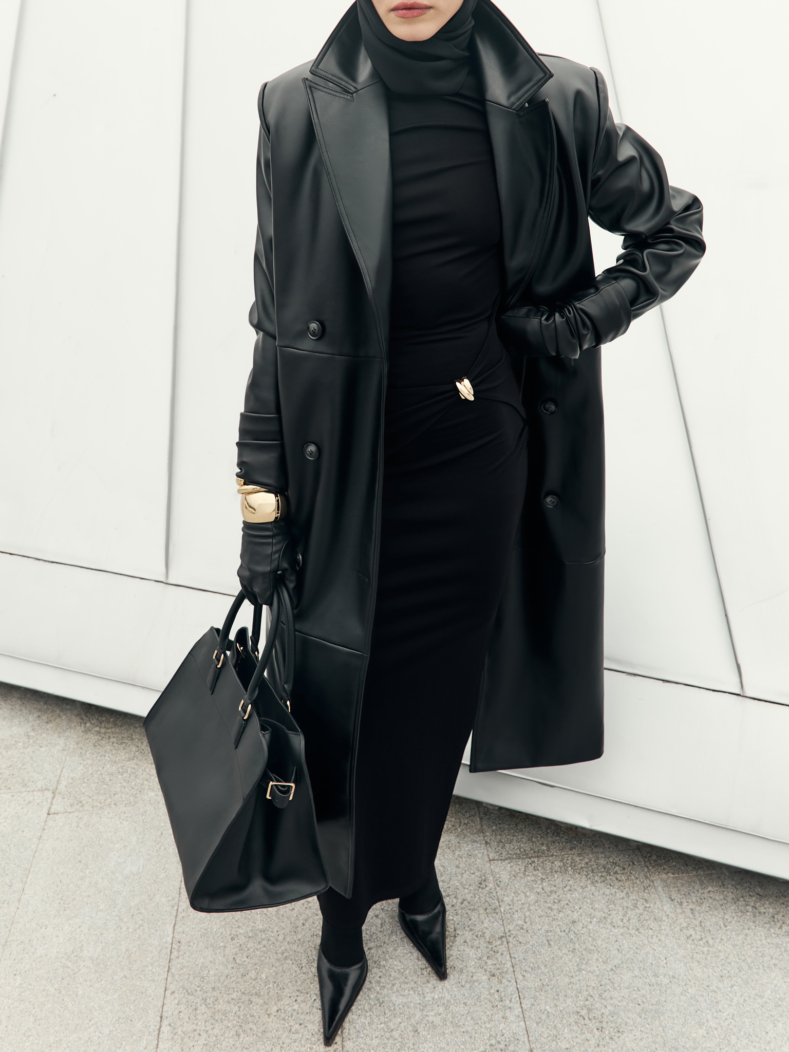 Eco-leather maxi trench with horizontal seams and tonal belt