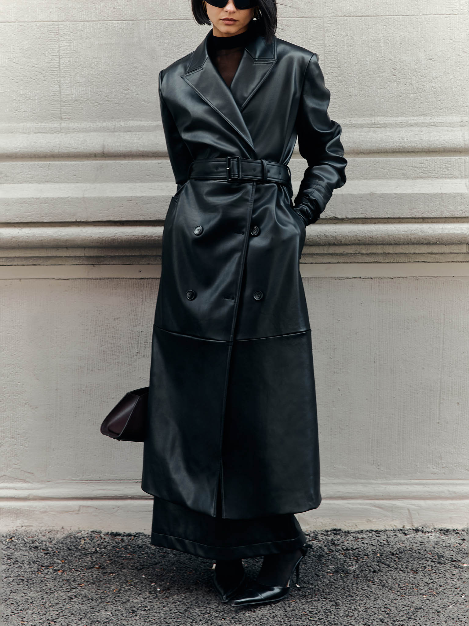 Eco-leather maxi trench with horizontal seams and tonal belt