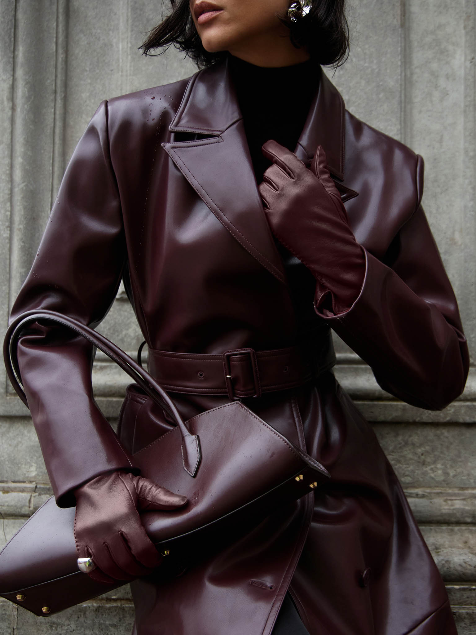 Eco-leather maxi trench with horizontal seams and tonal belt