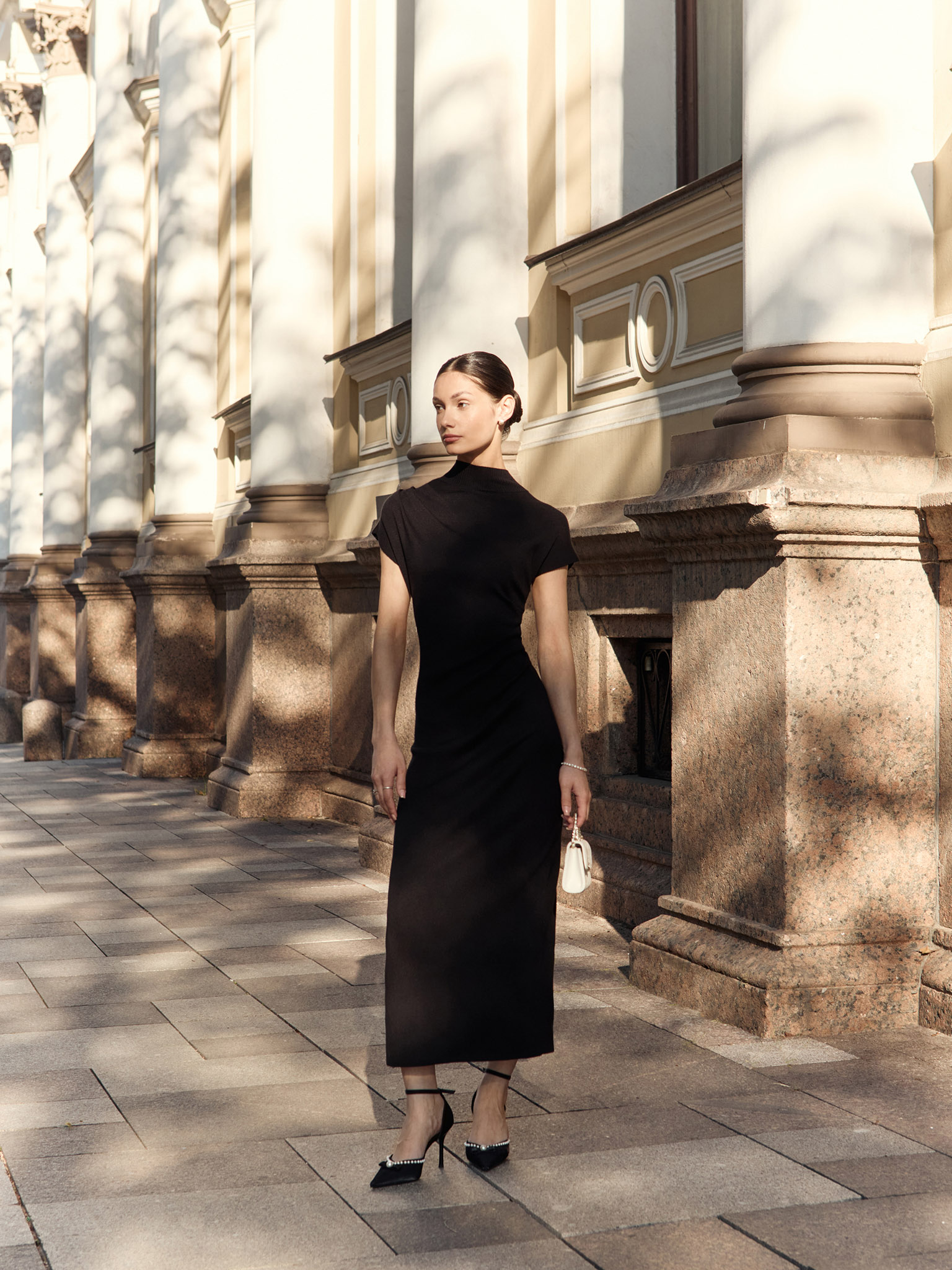 Knitted midi dress with stand-up collar and asymmetric gathers