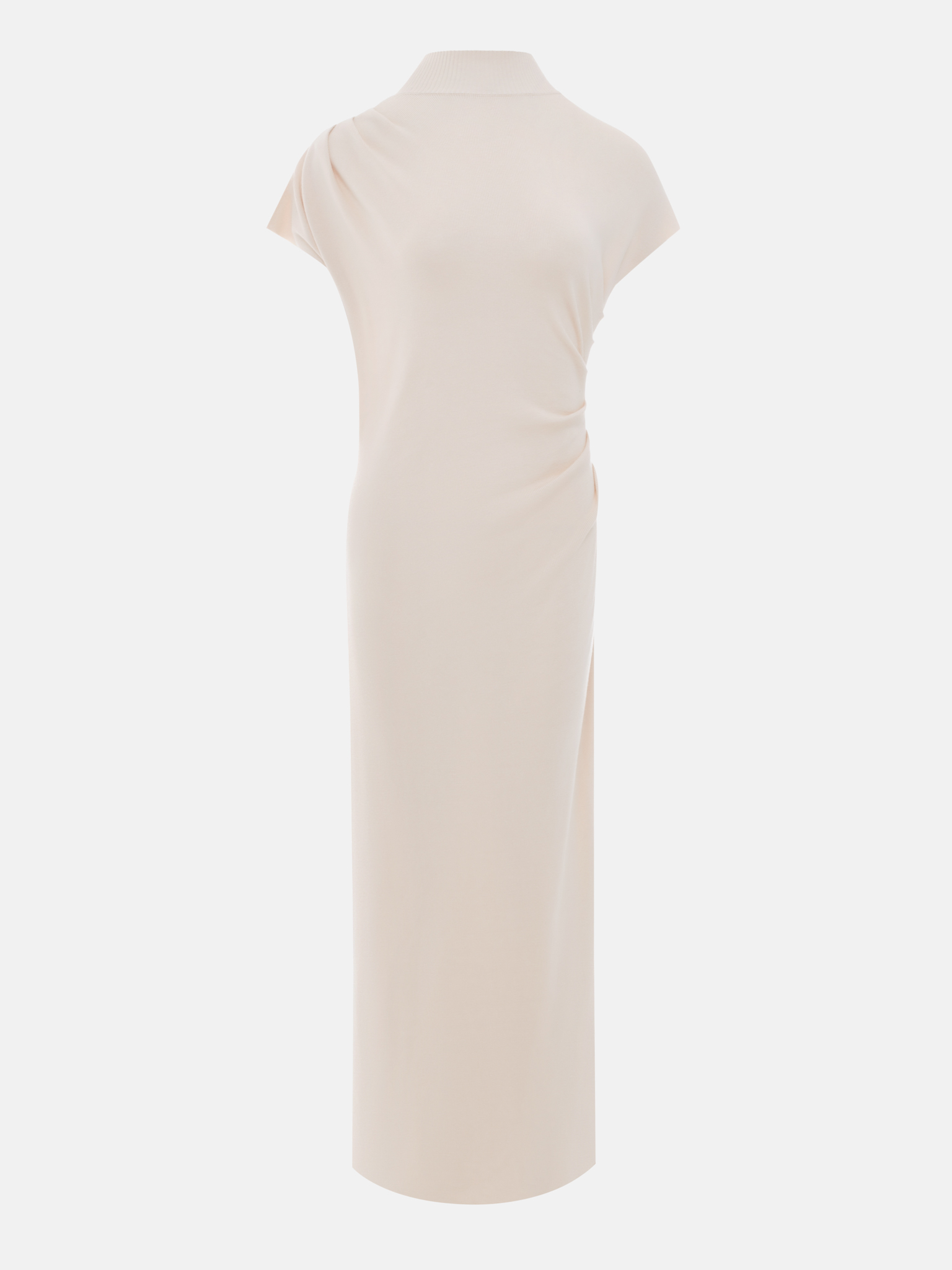 Knitted midi dress with stand-up collar and asymmetric gathers