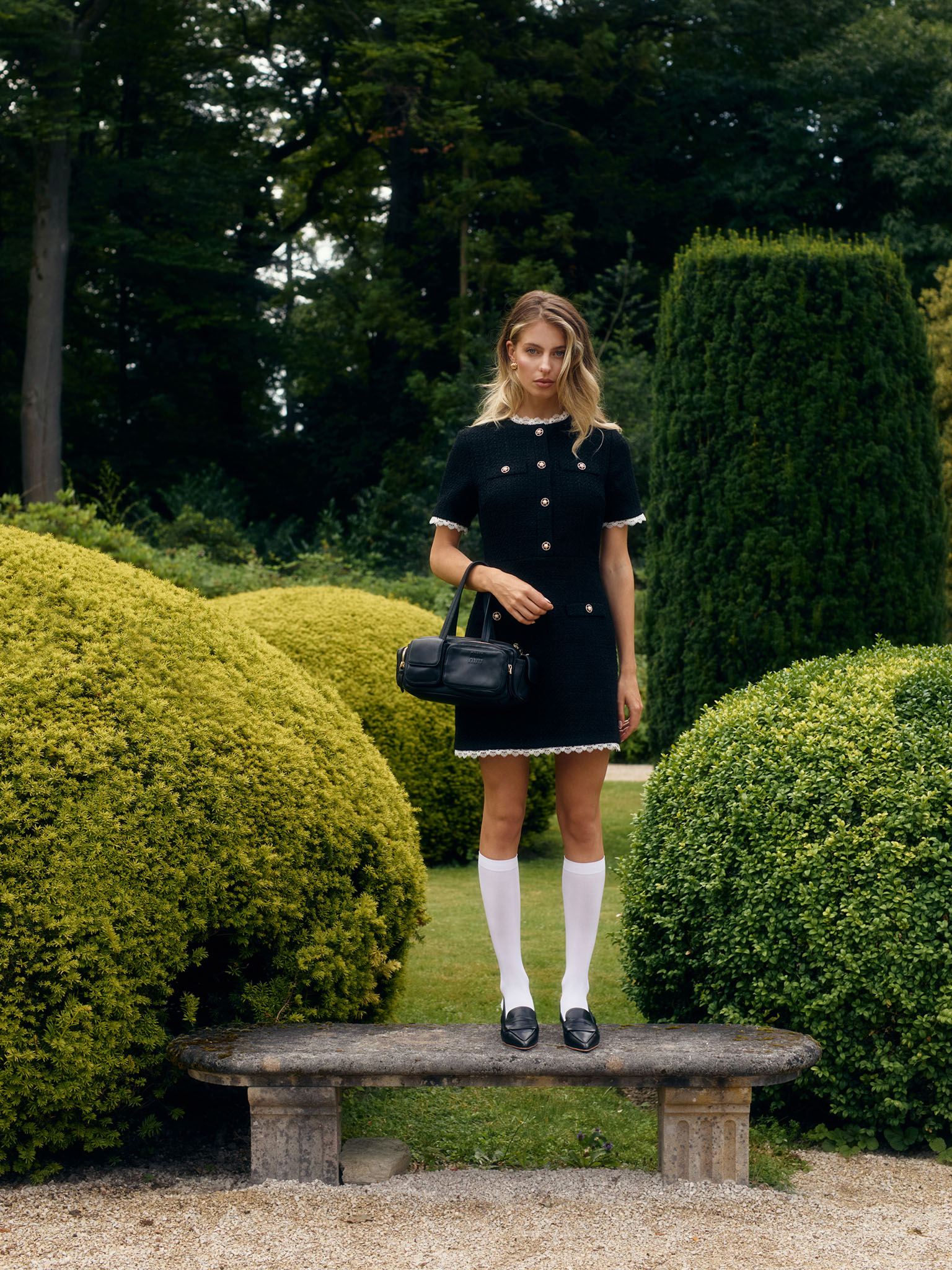 Tweed mini dress with openwork inserts