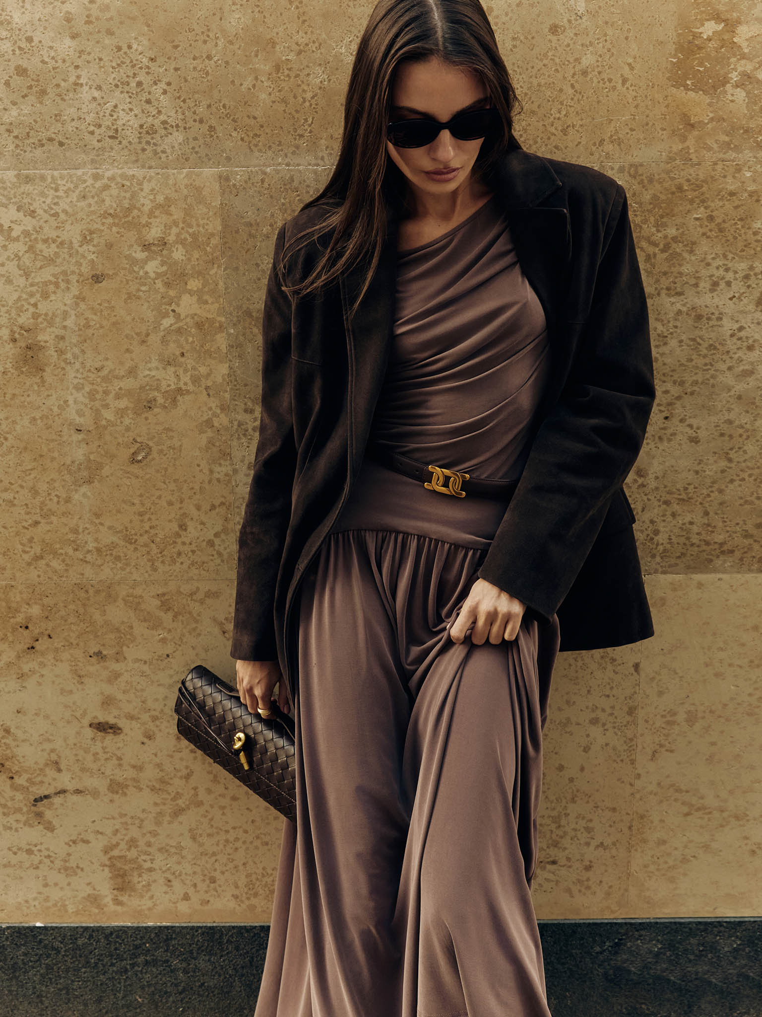 Knitted maxi skirt with wide waistband and gathers