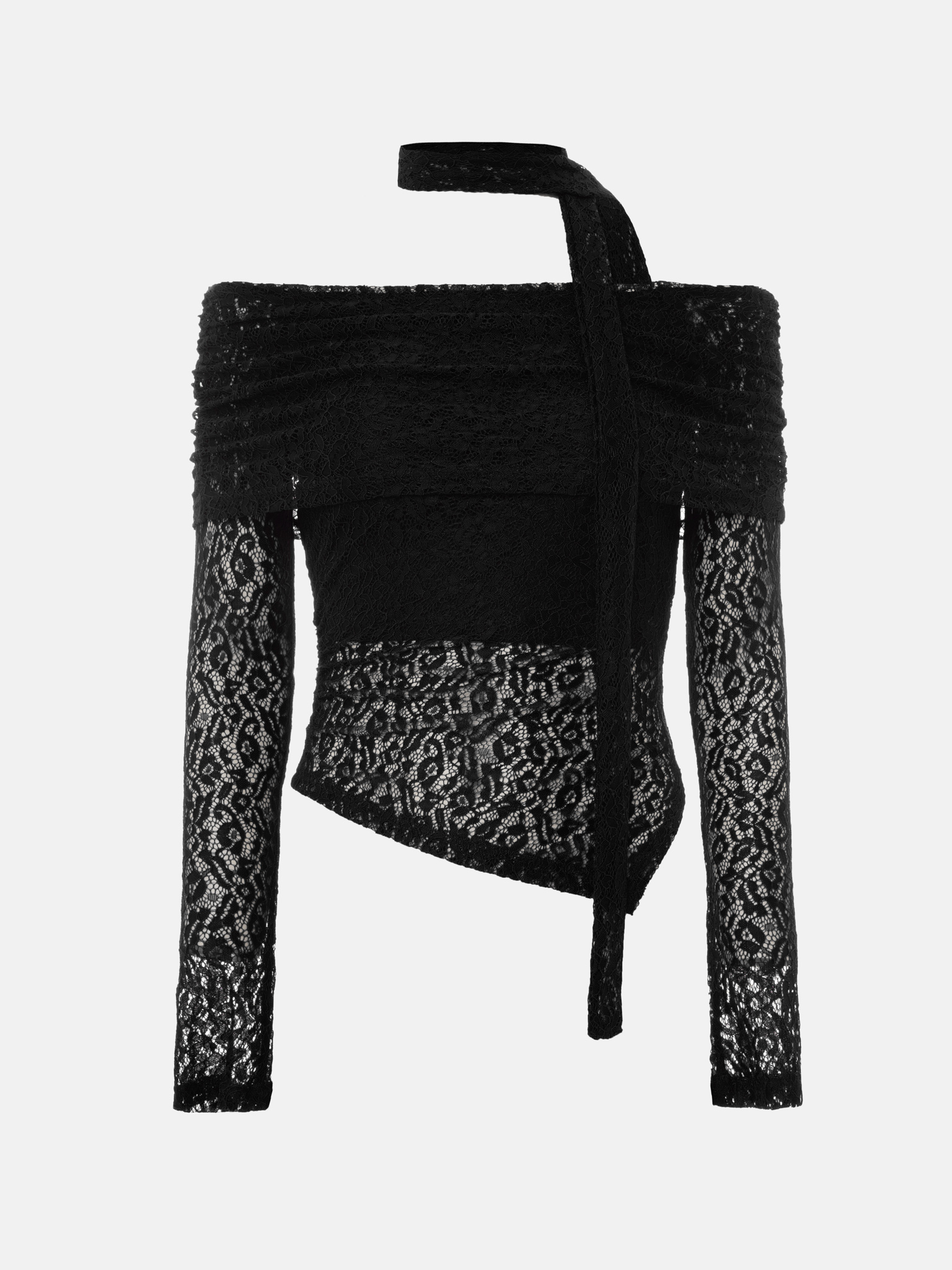 Lace top with open shoulders and neck ribbon