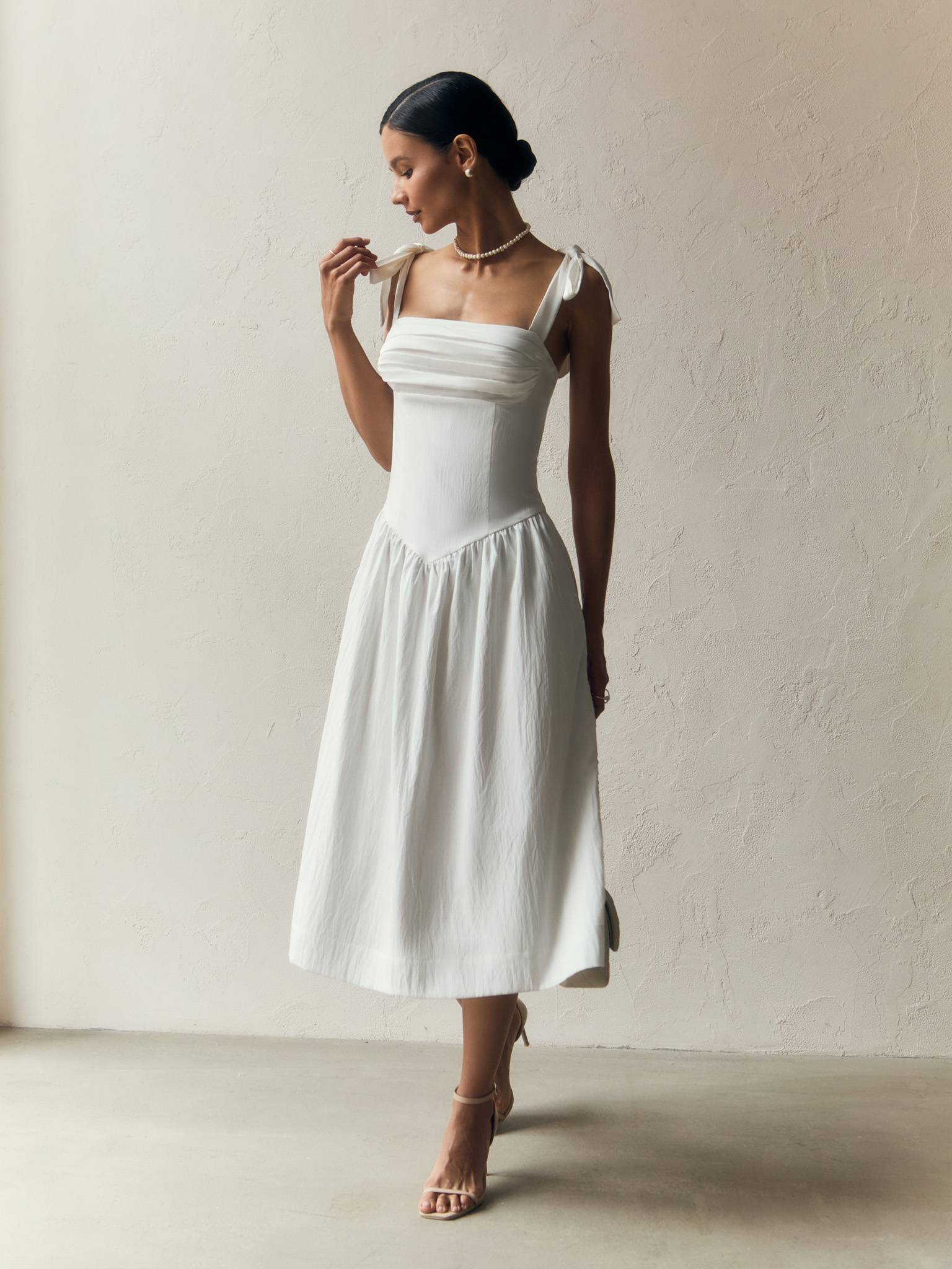 Midi dress with draped chest and ribbon straps