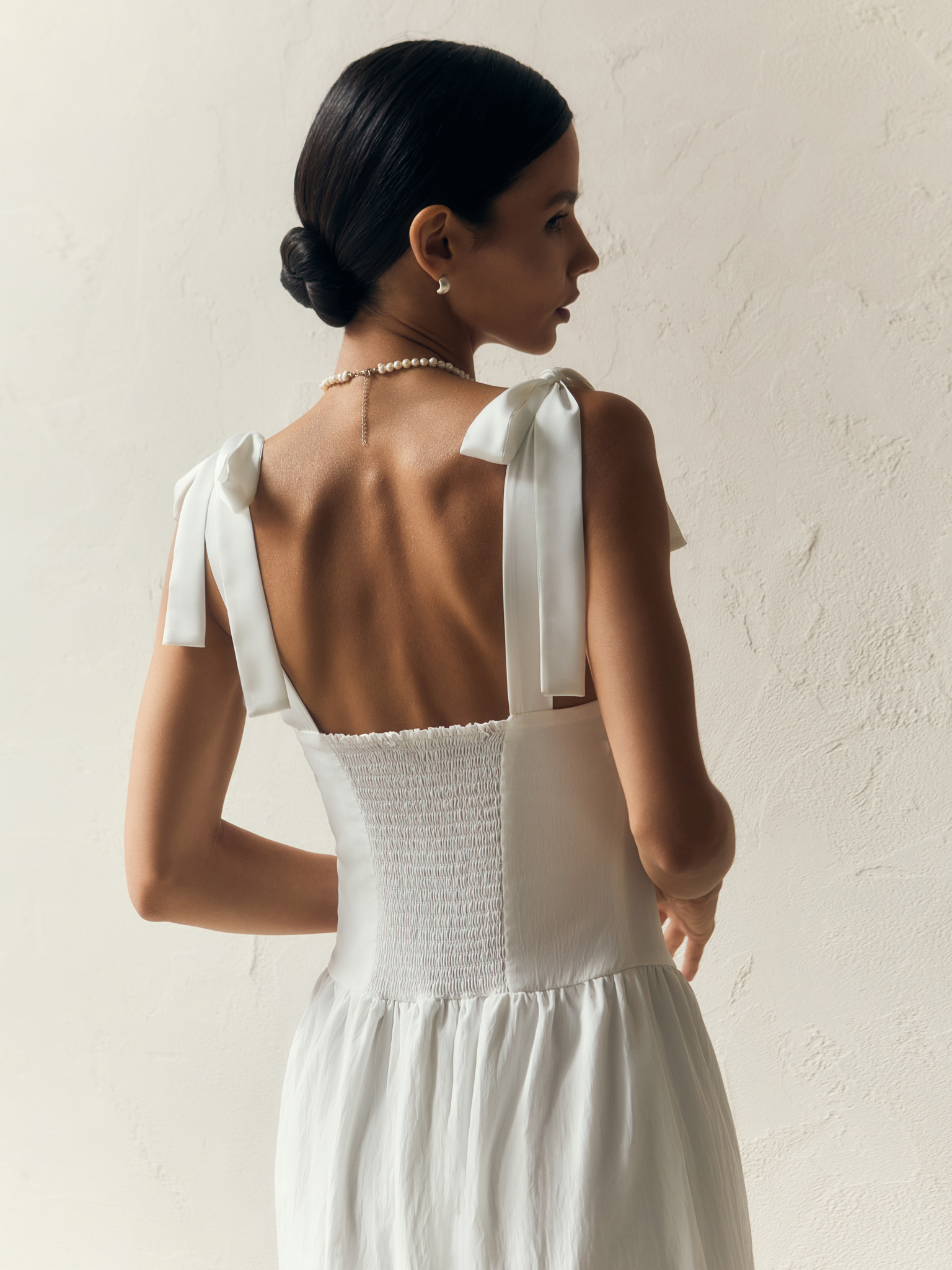 Midi dress with draped chest and ribbon straps