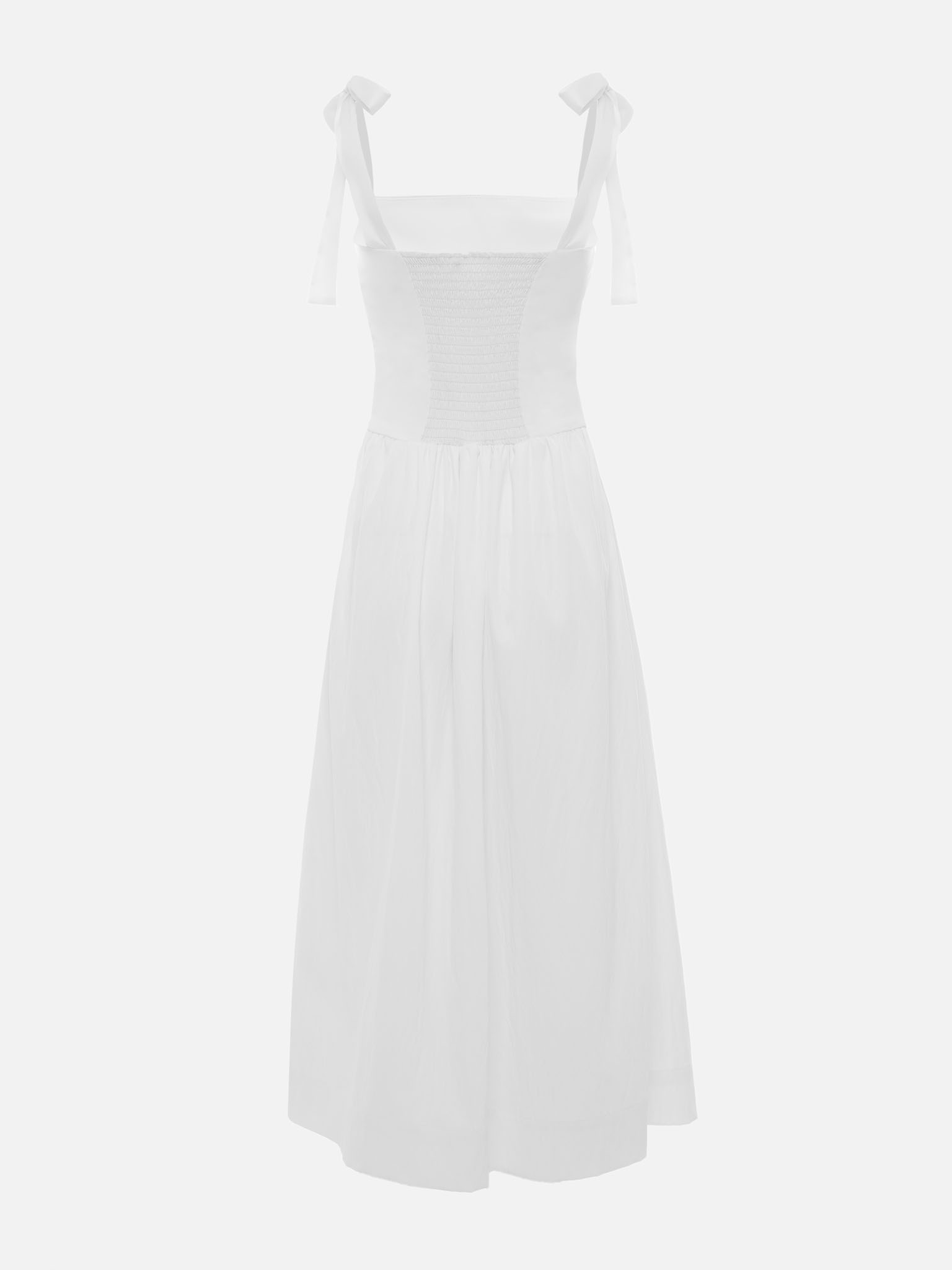 Midi dress with draped chest and ribbon straps