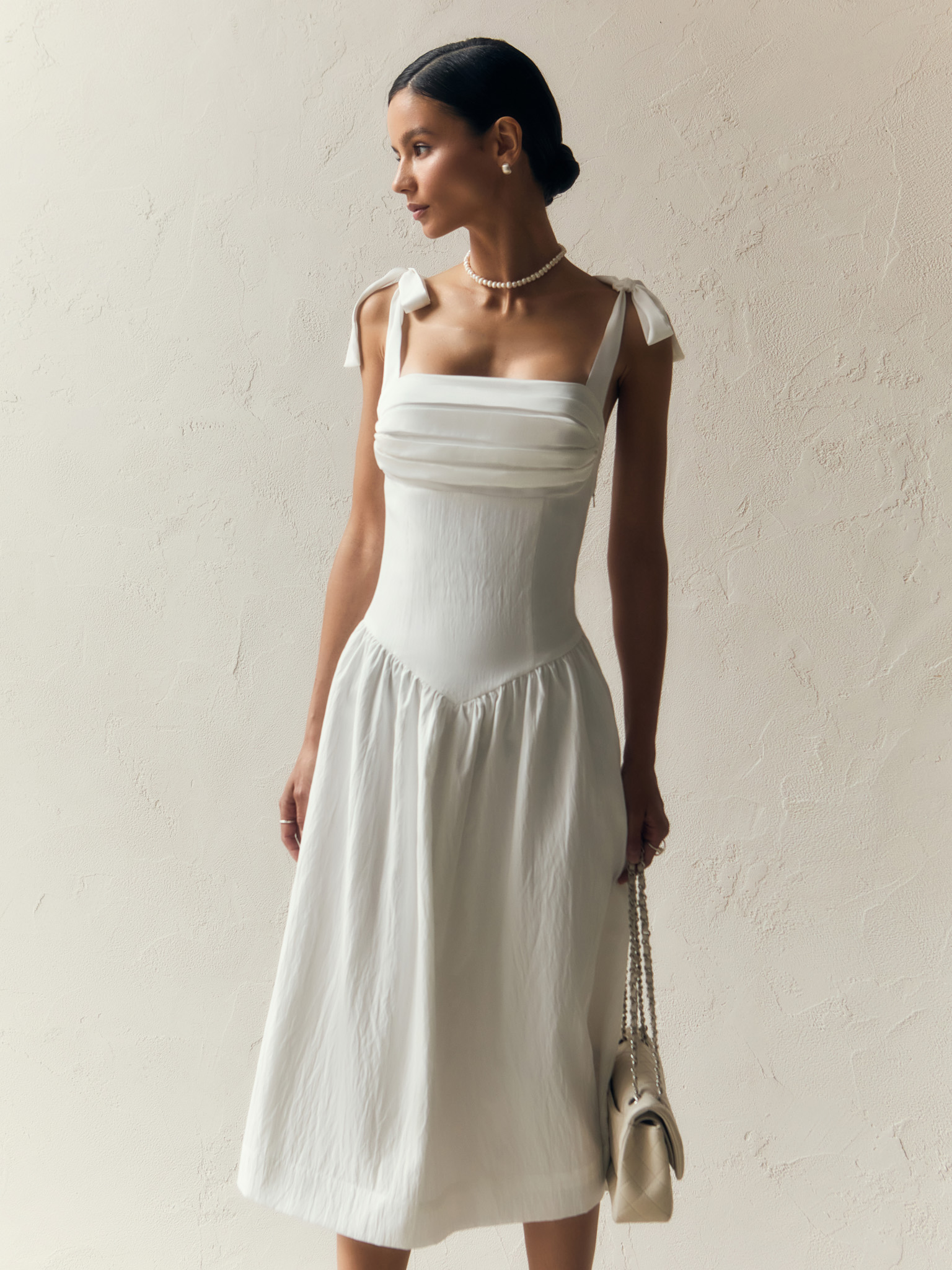Midi dress with draped chest and ribbon straps