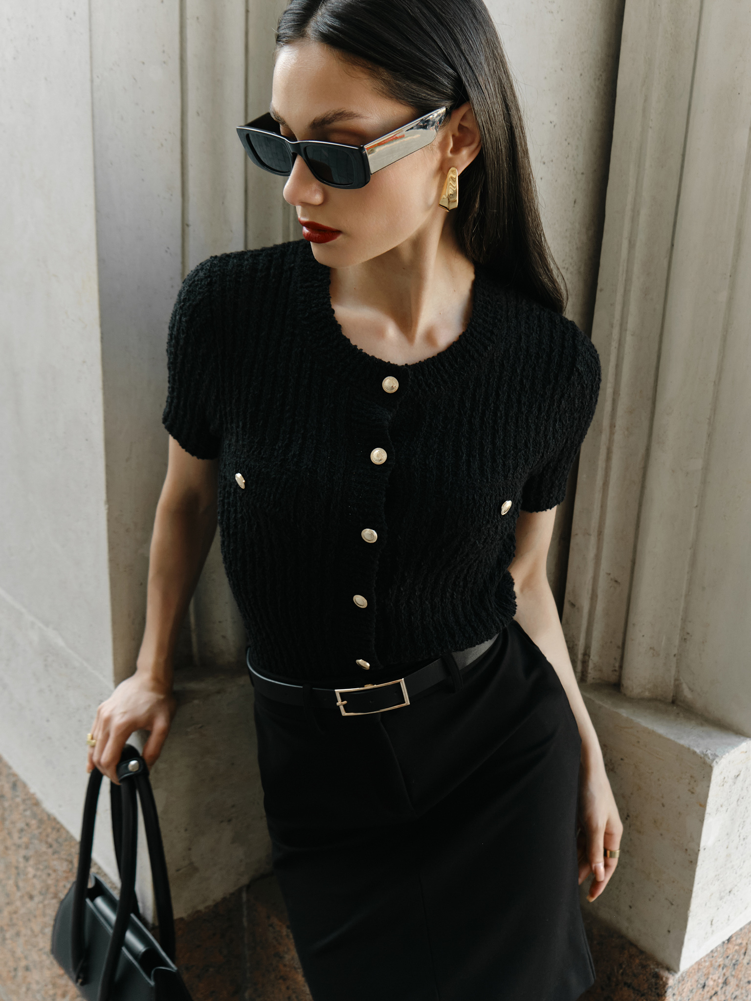 Jersey cardigan with short sleeves and large buttons