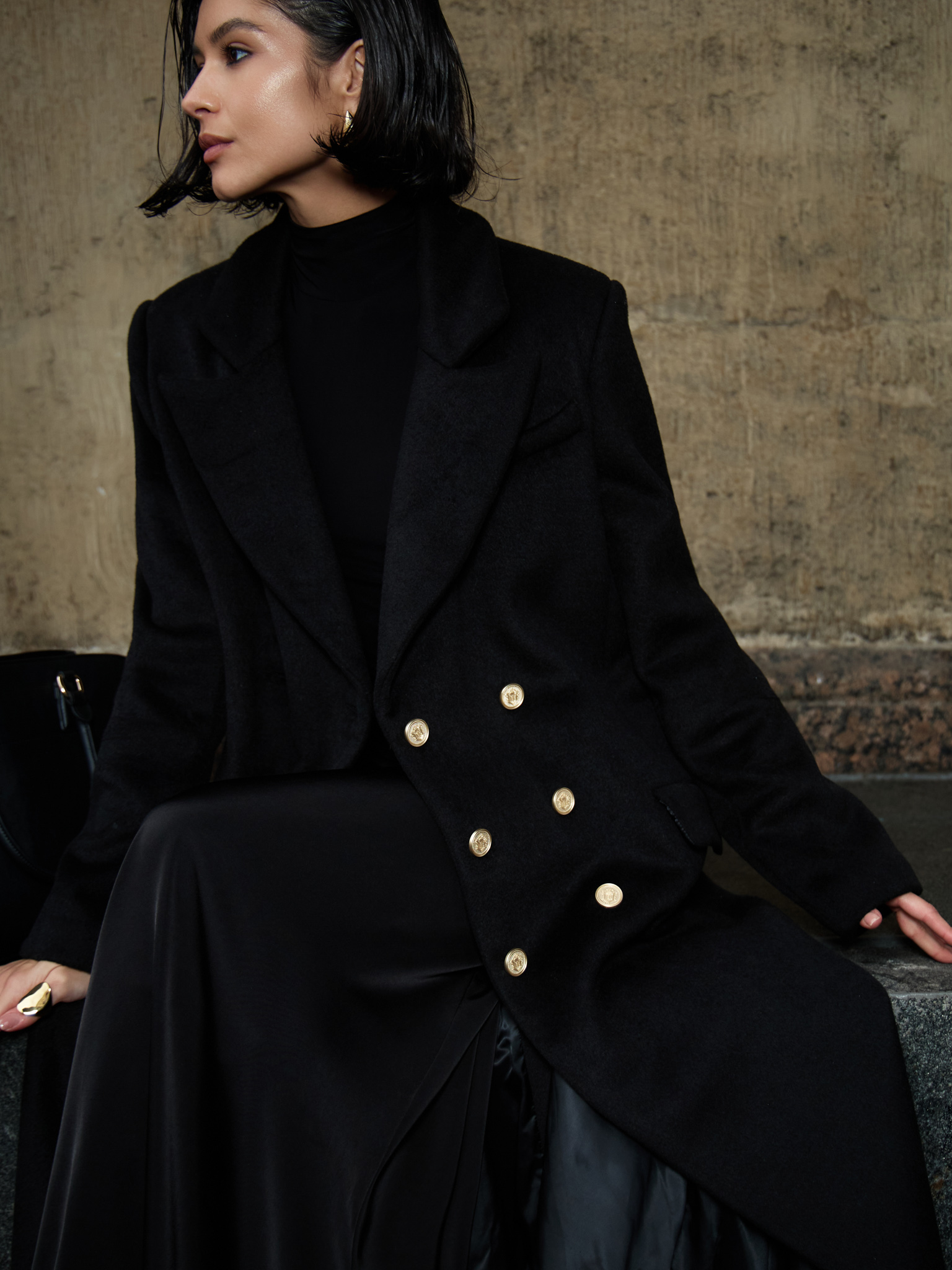 Double-breasted maxi coat with metal buttons