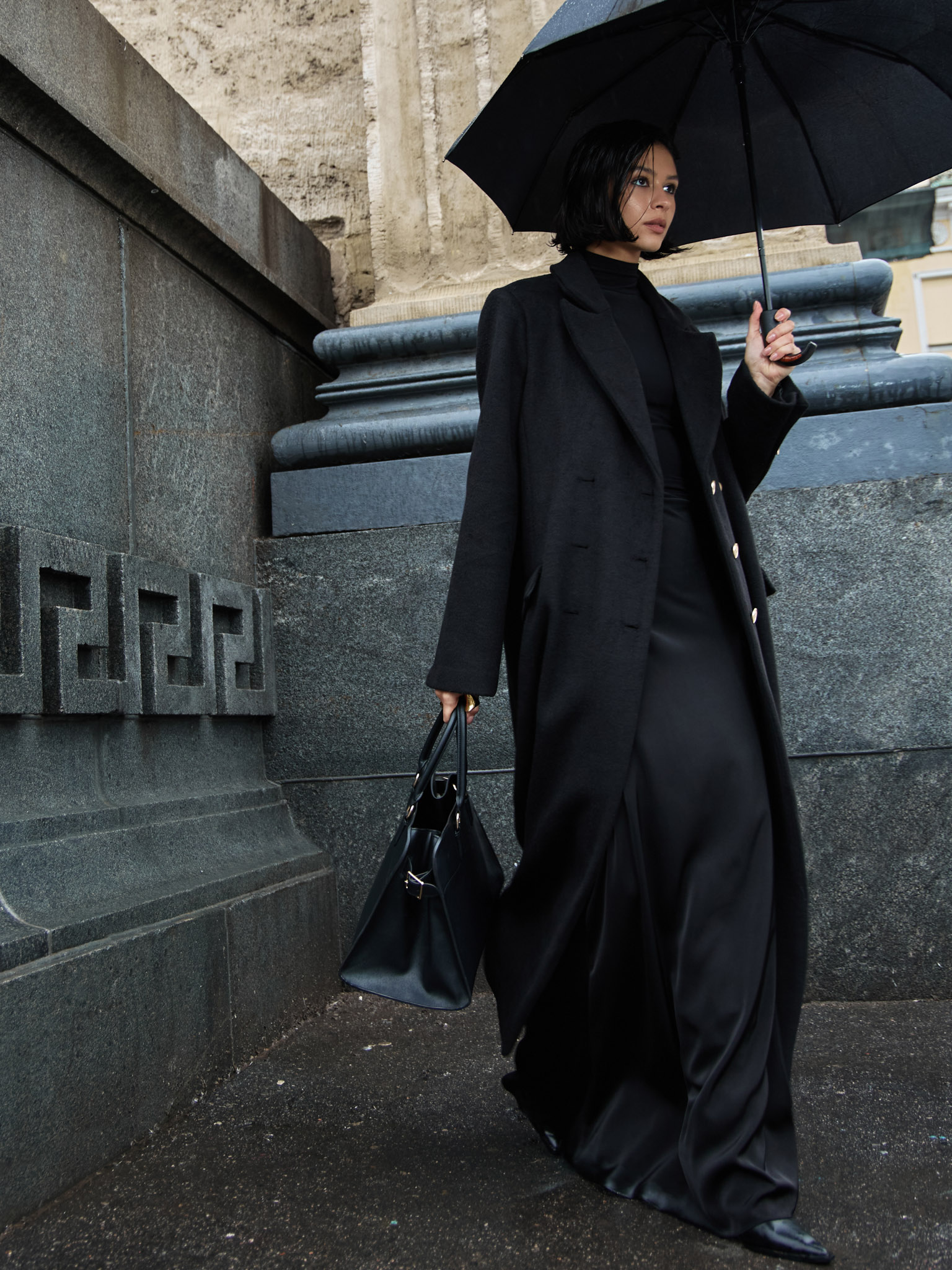 Double-breasted maxi coat with metal buttons