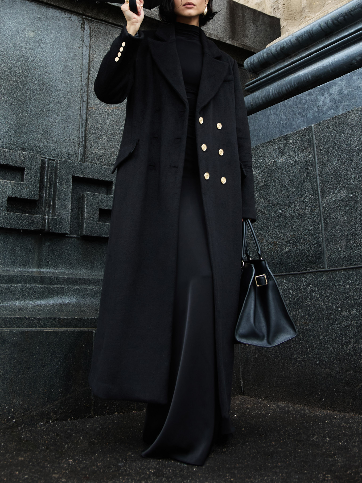 Double-breasted maxi coat with metal buttons