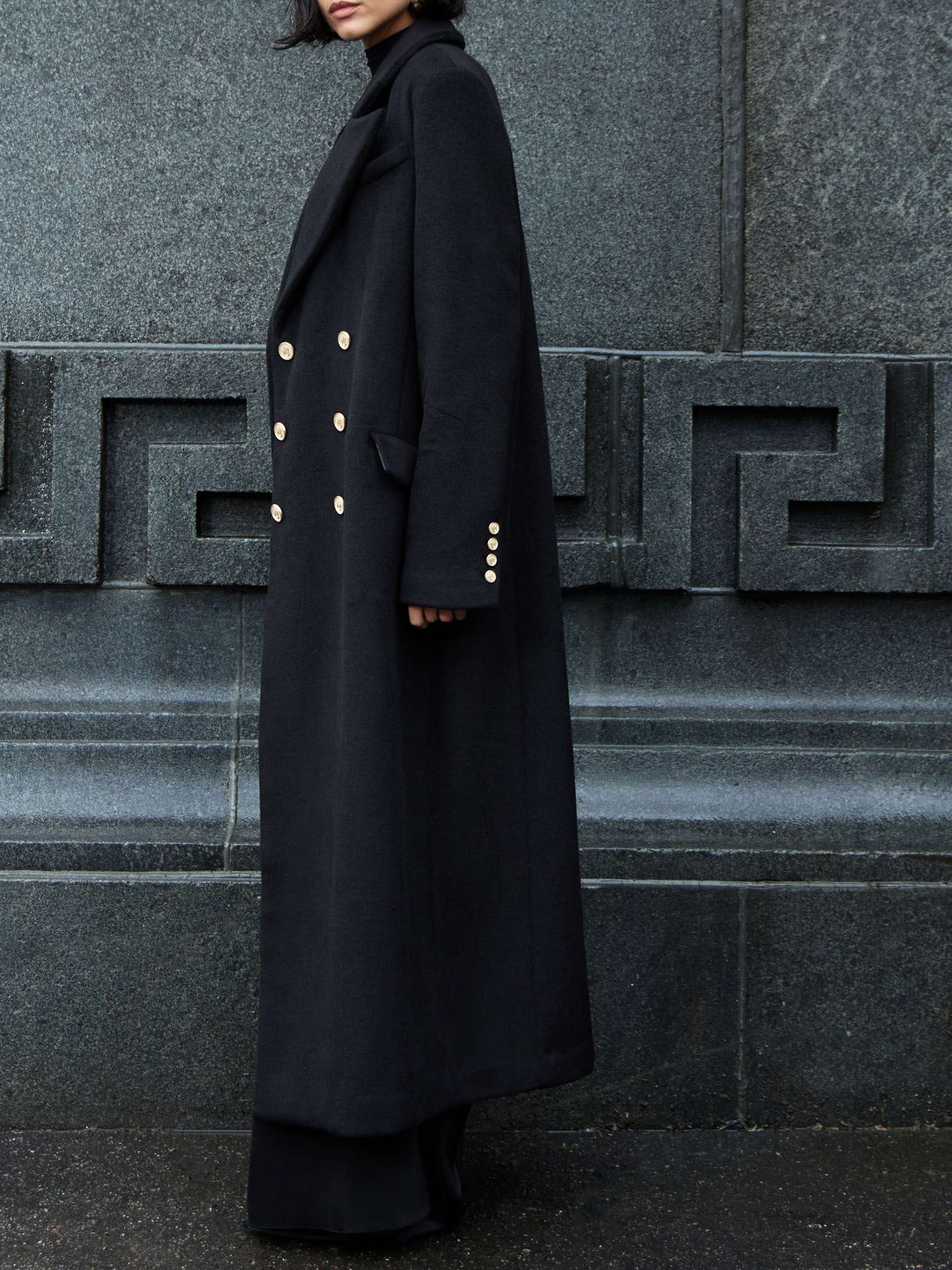 Double-breasted maxi coat with metal buttons