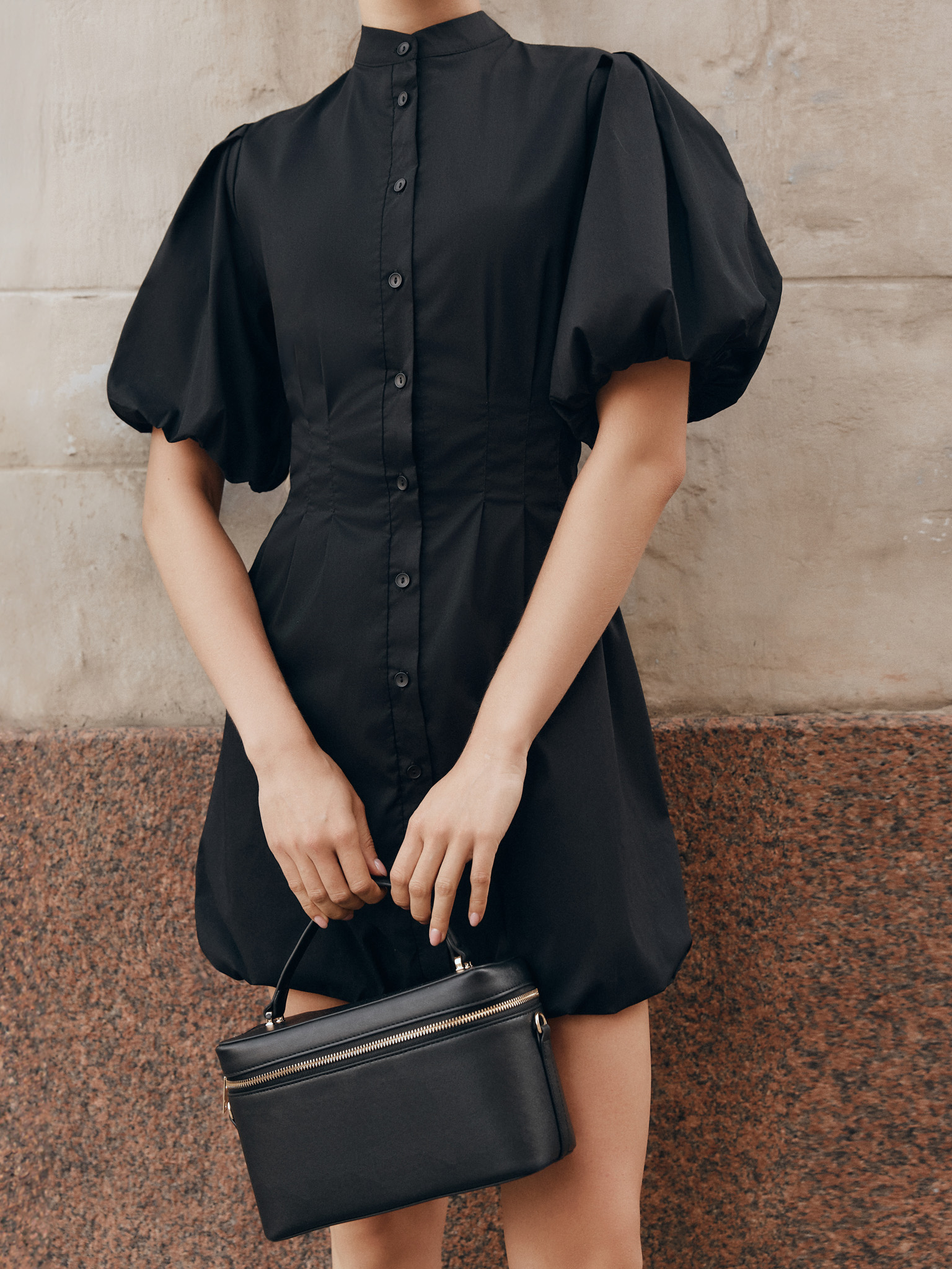 Mini fitted dress with voluminous sleeves and skirt