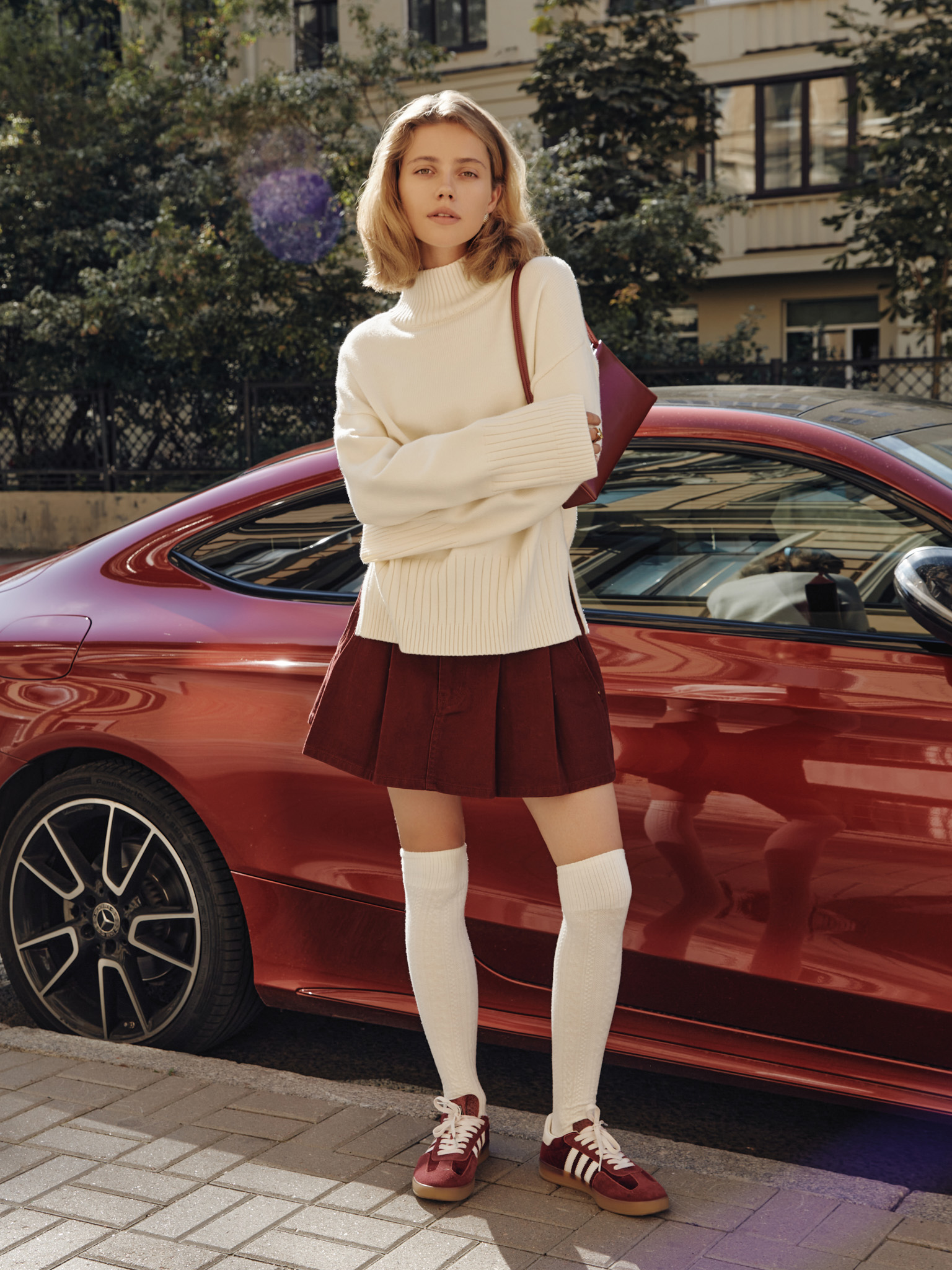 Mini denim skirt with pleats